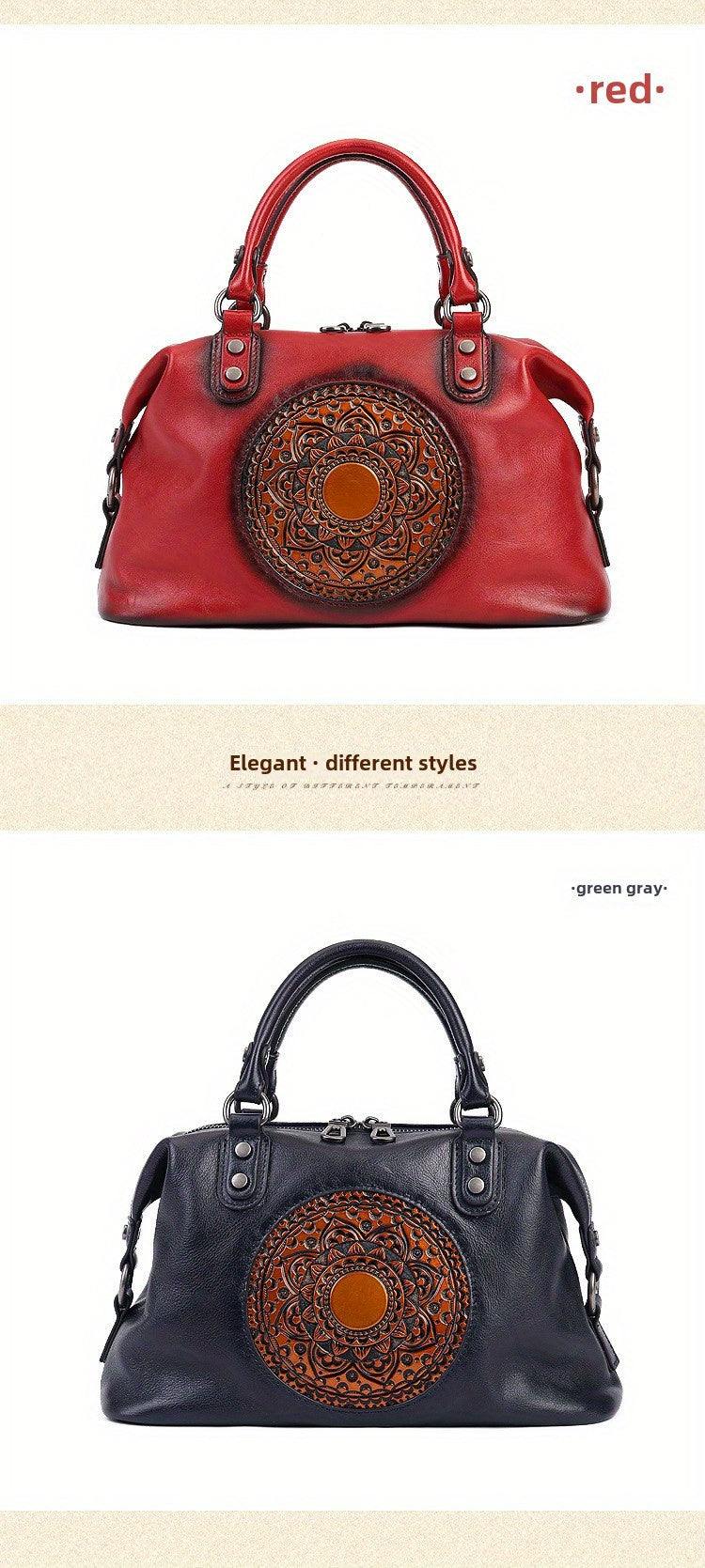 Women's Genuine Leather Satchel Business Handbag - Light Brown Geometric Retro Totem Design, Large Capacity Convertible Shoulder/Handbag with Adjustable Strap