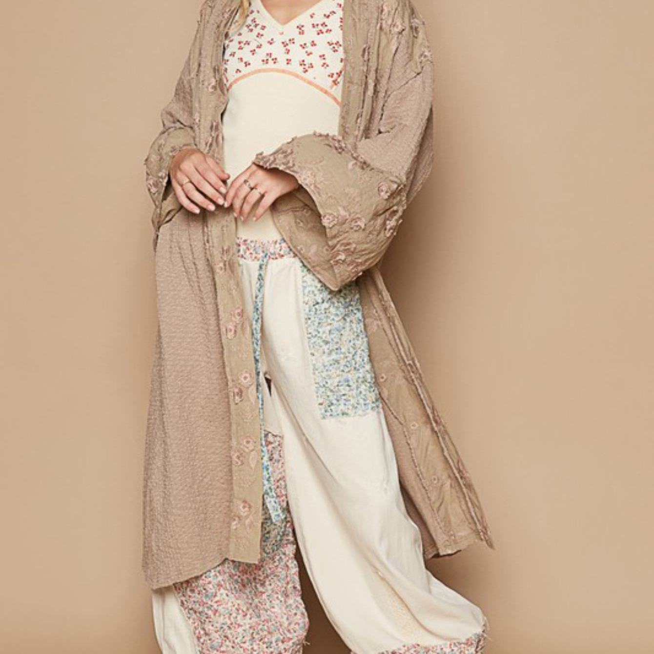Women's Casual Duster Kimono Abaya Vintage Boho Lace Trim Open Front Longline Outerwear Khaki Long Sleeves Lightweight Soft Fabric Perfect for Spring/Fall/Winter Layering Everyday