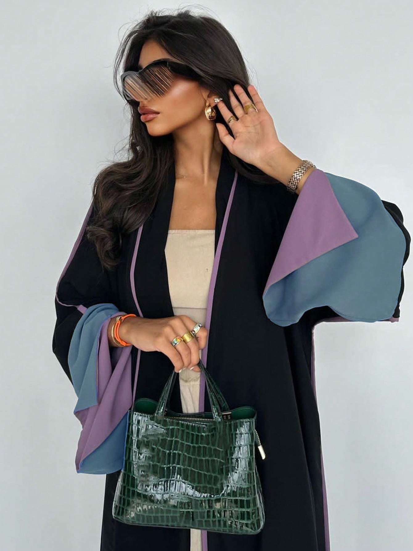 Plus Size - 1pc Plus Size Women's Abaya Burqa - Elegant Color Block Design, Loose Fit Long Sleeve with Open Front, Black & Blue Geometric Pattern, Perfect for Festive Occasions