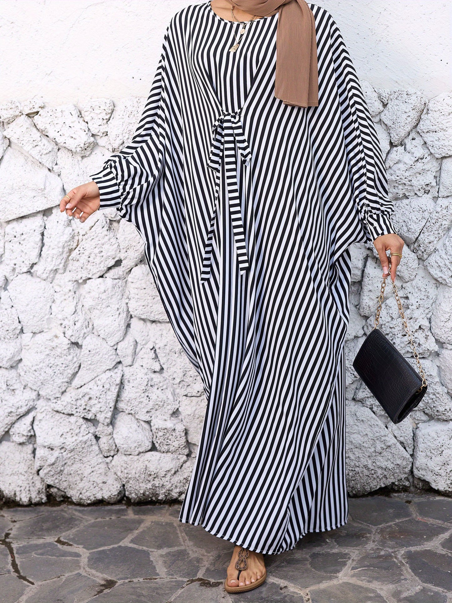 Long Sleeve Arab Caftan Gown - Black & White Striped Loose Fit Turkish Robe Dress