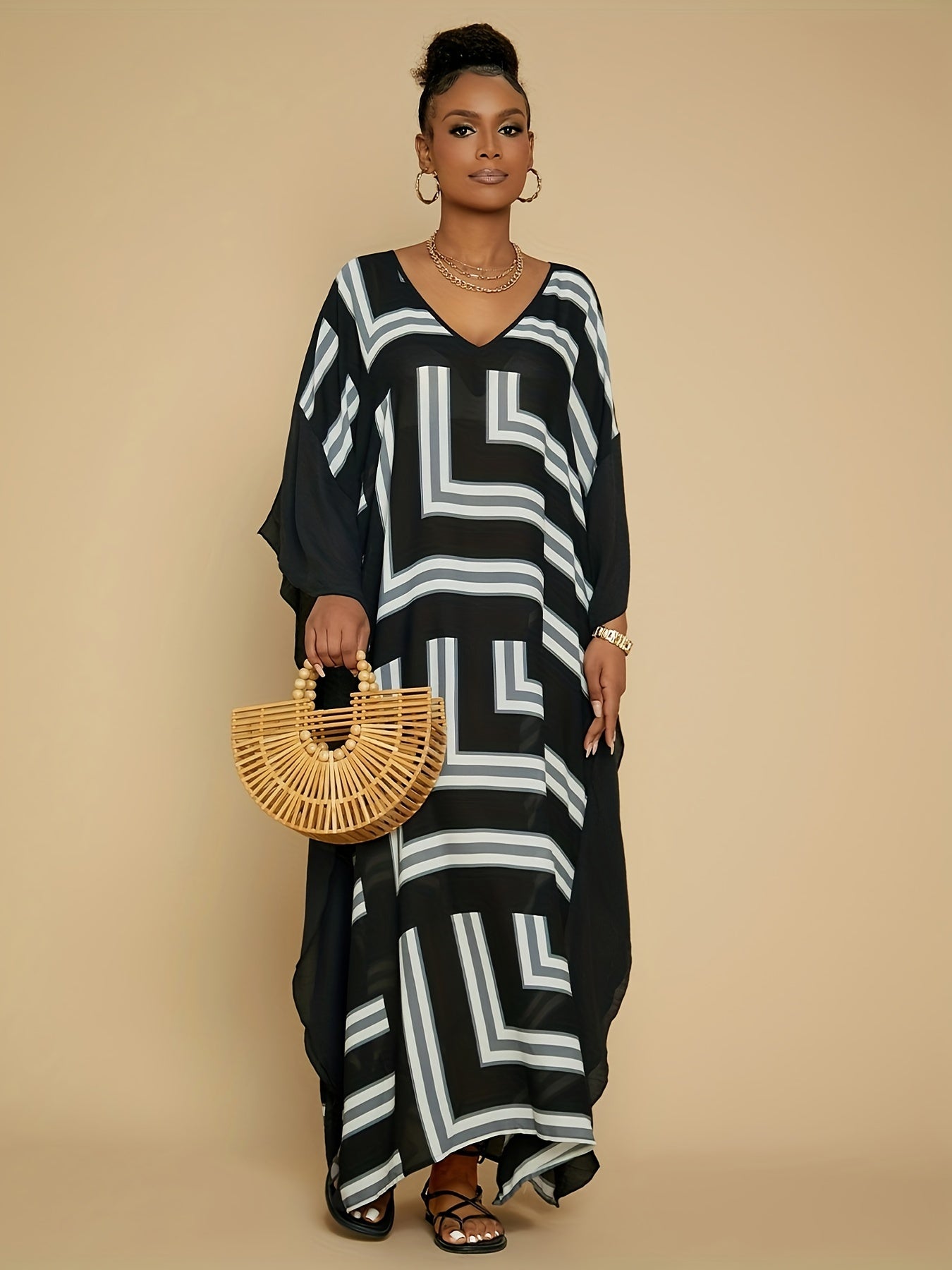 Women's Bohemian Kaftan Swimsuit Cover Up - Lightweight Geometric Print Maxi Dress for Beach & Pool, Machine Washable Summer Swimwear Cover-Up, Black, Bathing Suit Cover Up, Poolside Apparel, Soft Drape Material, Flowy Fabric
