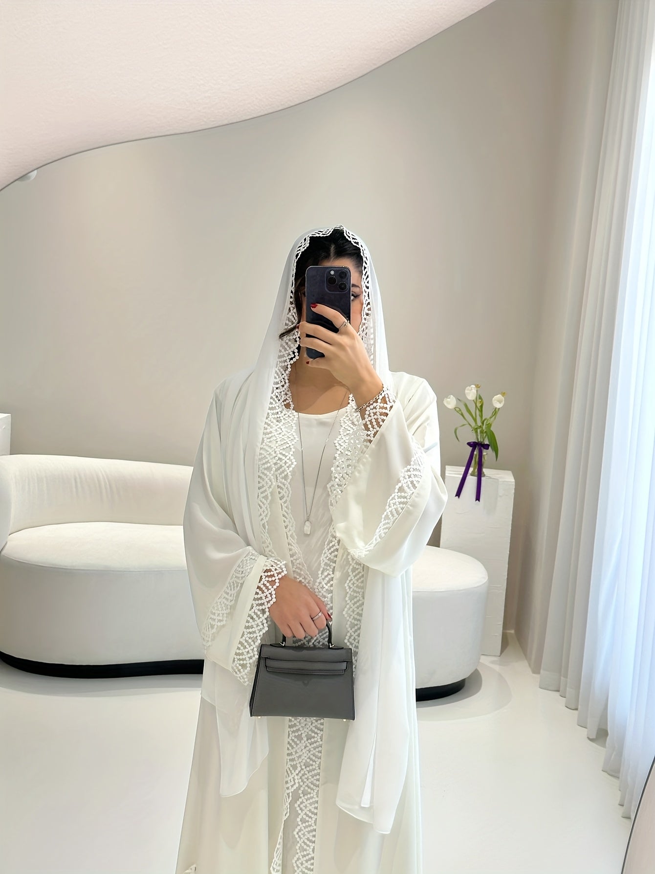 2pcs Muslim Kaftan Abaya Set with Lace Trim | Plus Sleeveless Vest Skirt, Headscarf, for Ramada