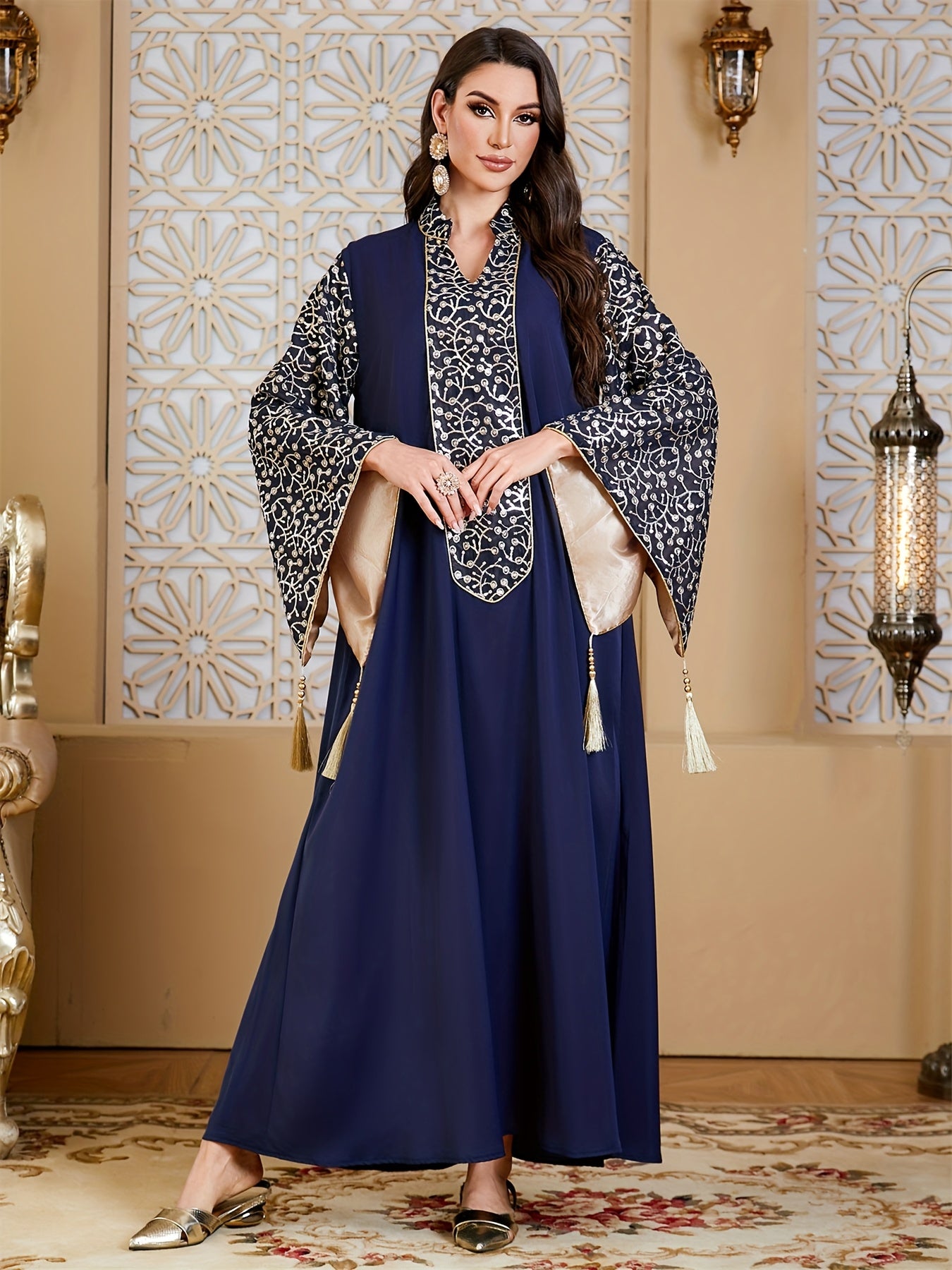 Elegant Muslim Kaftan Abaya Evening Dress with Floral Embroidery & Tassel Flare Sleeves - Navy Blue Maxi Abaya for Women, Middle Eastern-Inspired Traditional Gown, Hand Wash/Dry Clean