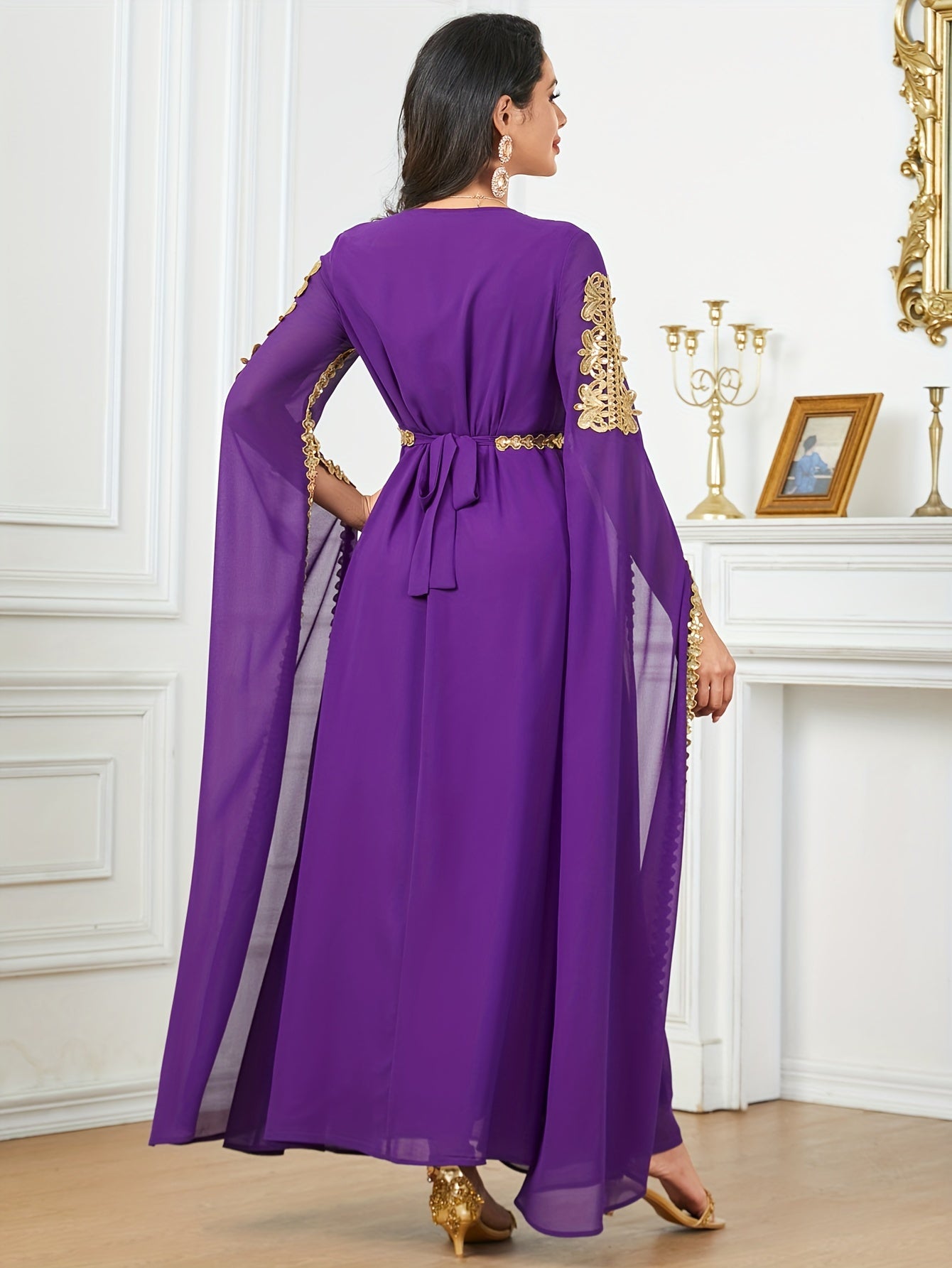 Elegant Black Sequin Embroidered A-Line Maxi Abaya Dress with Golden-Tone Embroidery, Slit Sleeves & Adjustable Waist Belt - Middle Eastern-Inspired Formal Party Wedding Guest Dress, Cultural Attire, Nontransparent Fabric