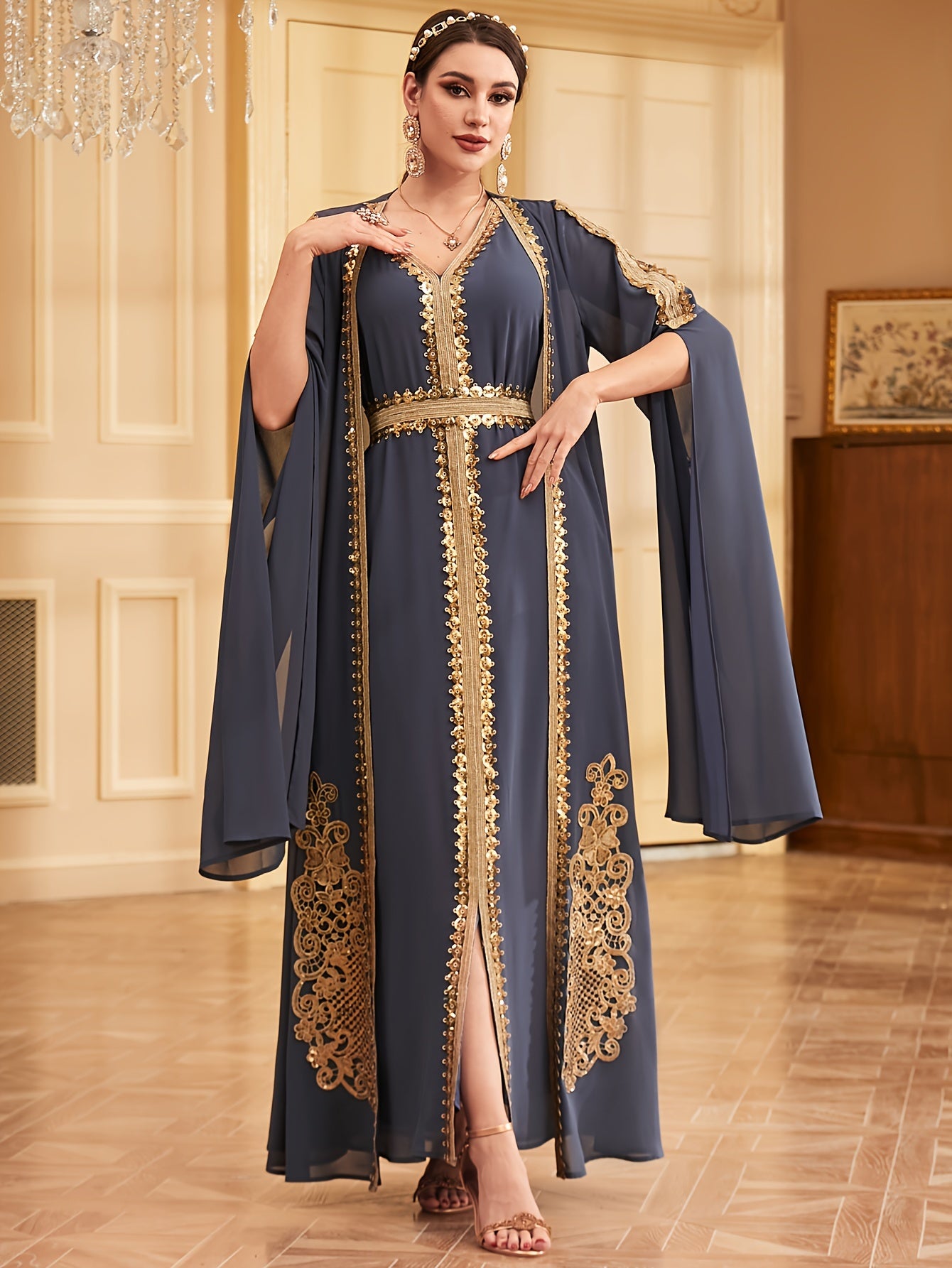 Two-piece Set: Fashion Embroidered Vest with Waist Cincher and Long Skirt + Cardigan with Sequins and Split Long Sleeves Abaya Gown Dress
