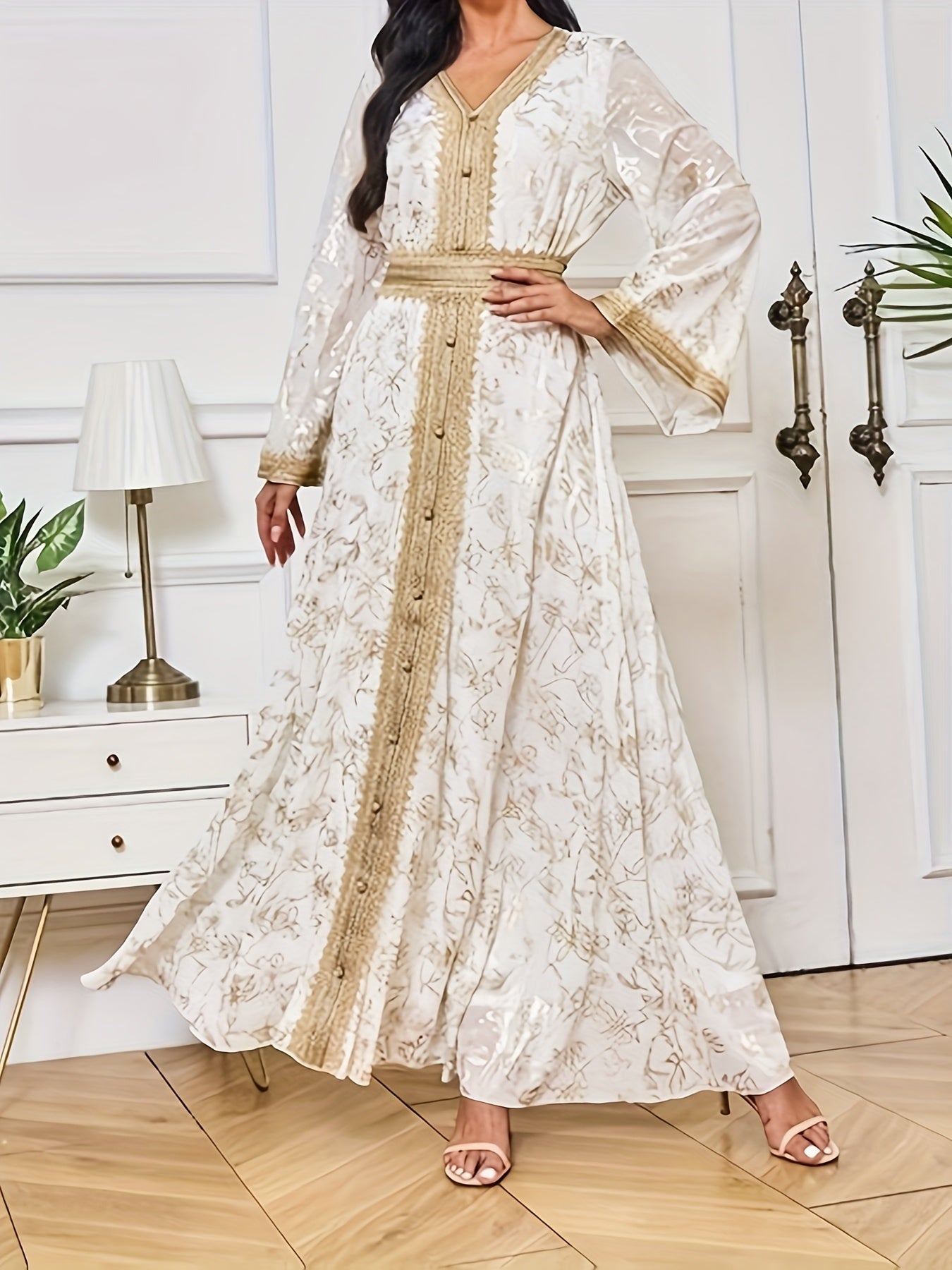 Elegant V-neck Foil Stamping Long-sleeved Palestinian Abaya