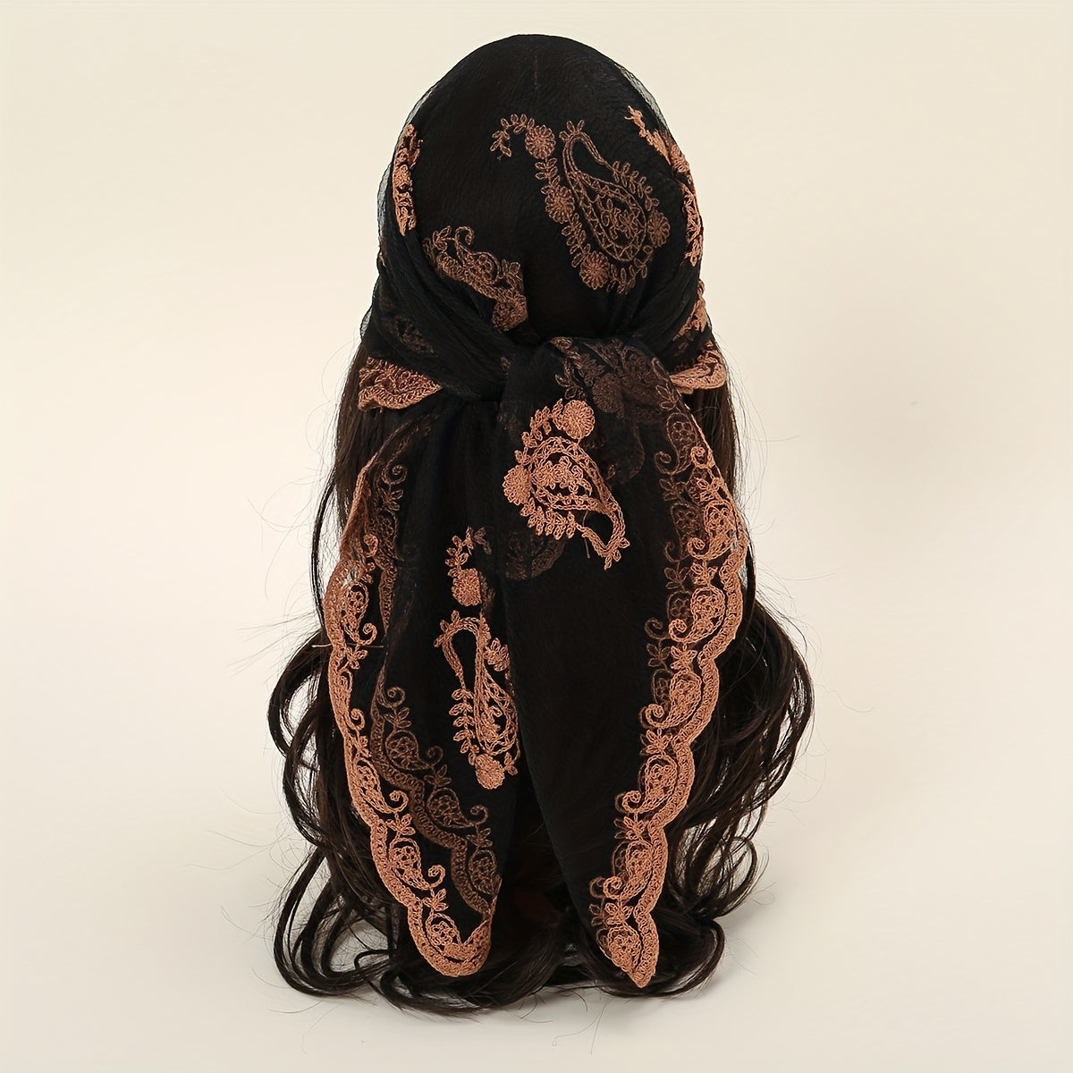 Thin Gauze Paisley Embroidery Elegant Square Scarf | Casual Rusty Brown Head Wrap