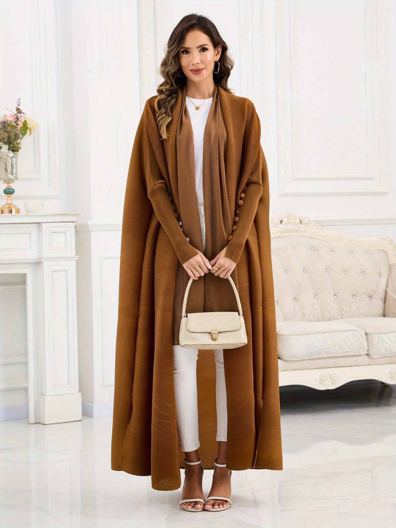 Women's Arabic Abaya with Scarf - Deep Brown Three-Way Pleated Design, Loose Fit, Long Sleeves, Belted Waist, Polyester Blend, Perfect for Muslim Prayer & Casual Wear, Muslim Clothing