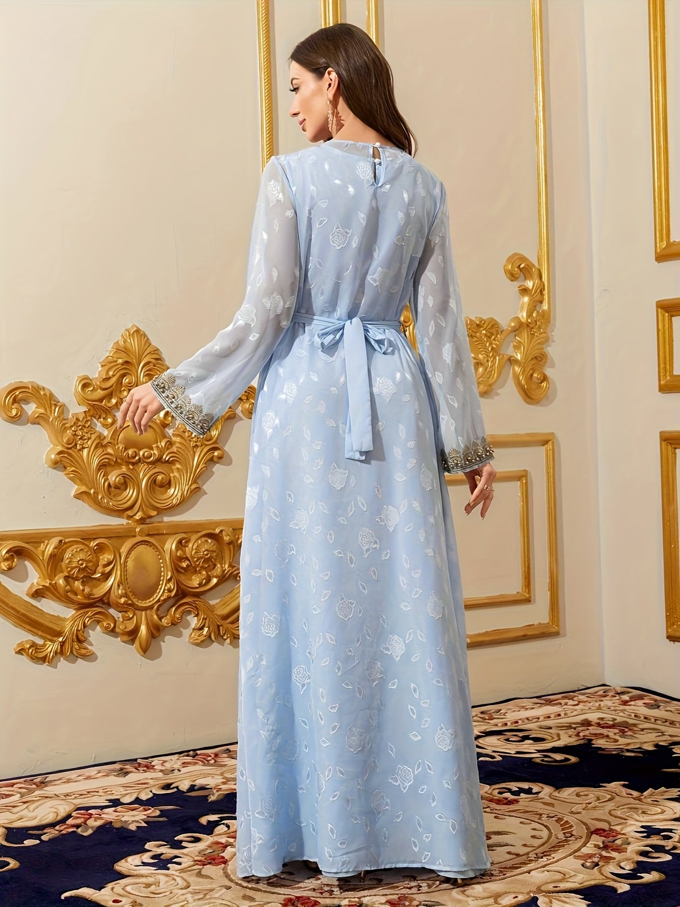 Long Sleeveless V-Neck Abaya Dress | Women's Middle Eastern Arabian Lace-Trimmed with Golden Embroidery & Adjustable Waist Belt | Modern Silklike Fabric for Festive Performances, Weddings
