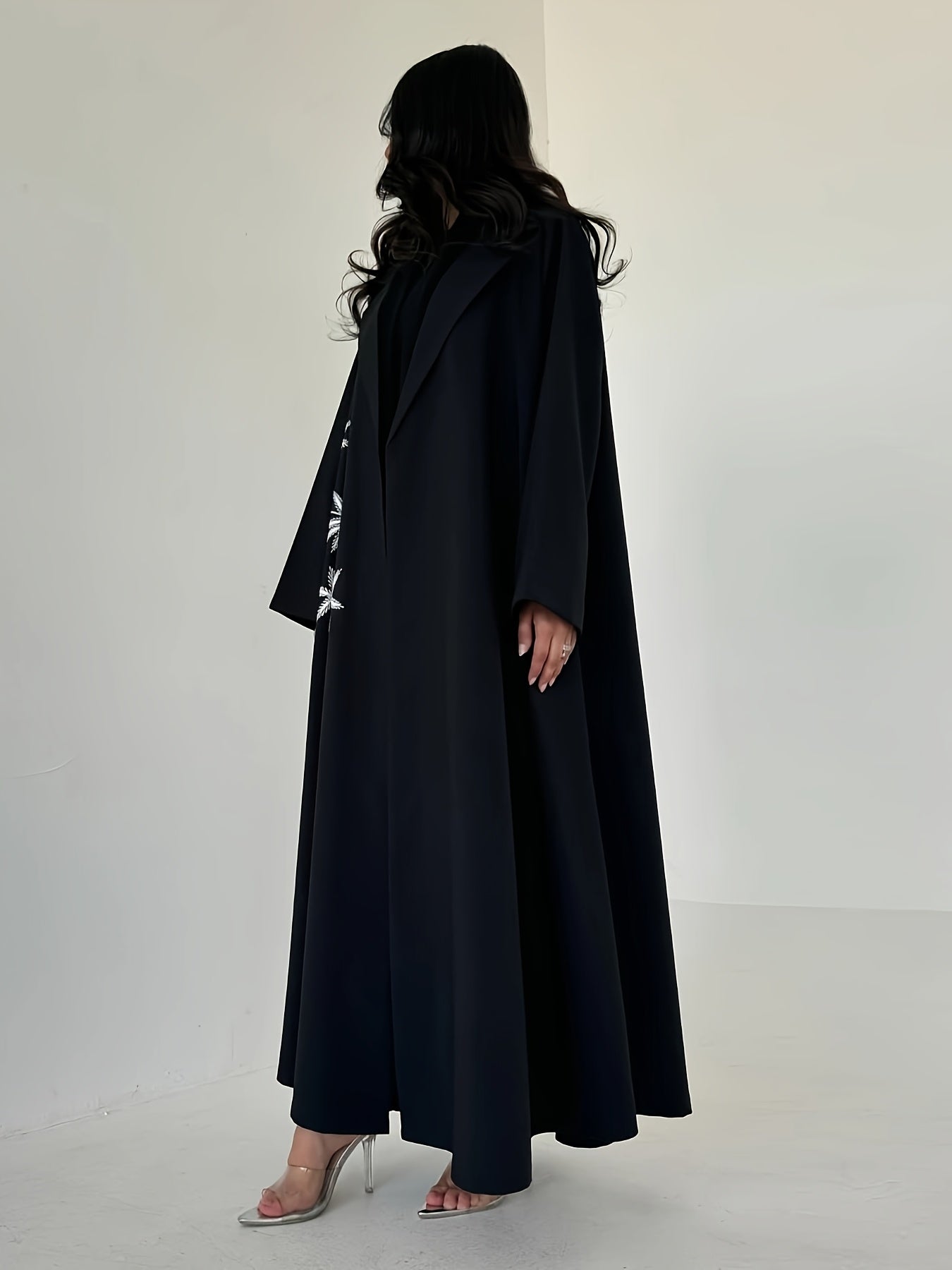 Elegant Black Modest Embroidered Abaya with Floral Pattern - Long Sleeve, Open Front, Loose Fit for Women - Perfect for Spring/Summer/Fall - Dubai Style, Modest Apparel | Elegant Abaya