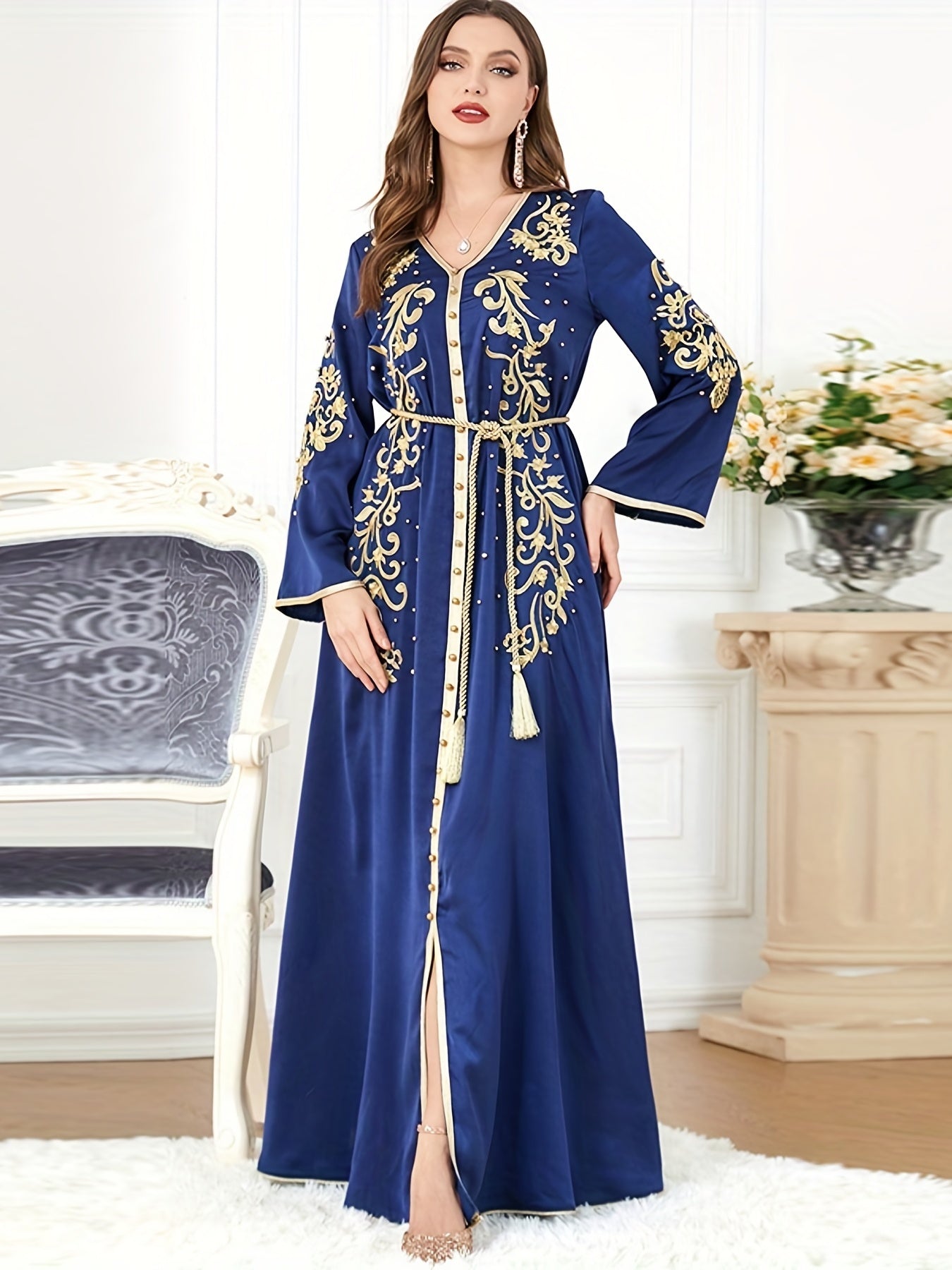 Plants Print V-neck Slit Kaftan Abaya, Long Sleeve Dress, Women's Clothing