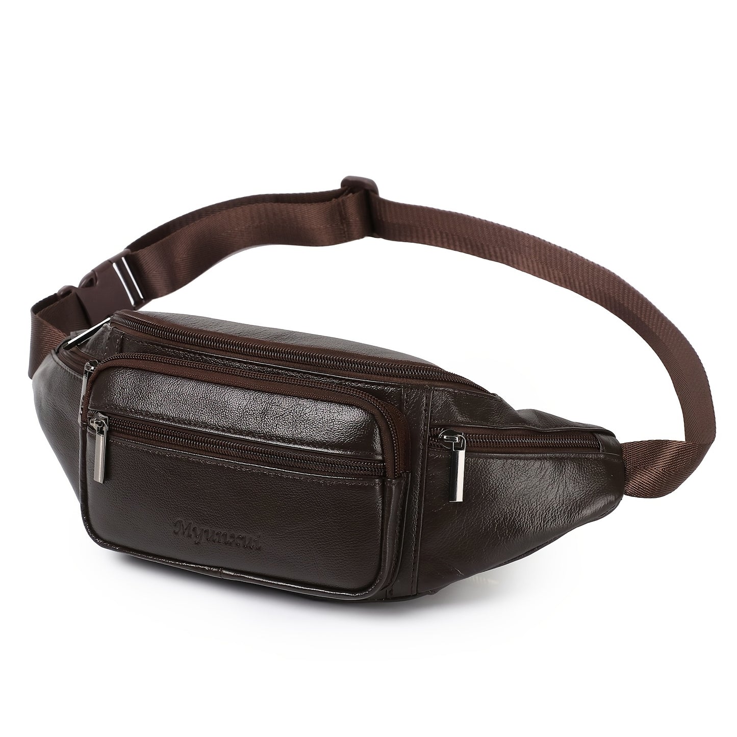 Men's Genuine Leather Belt Bag, Casual Top Layer Cowhide Fanny Pack, Black, with Adjustable 35.43inch Strap, Crossbody