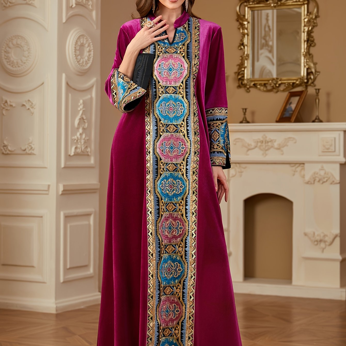 Women's Middle Eastern-Inspired V-Neck Long Sleeve A-Line kaftan Abaya - Burgundy with Multicolor Embroidery, Loose Fit Floor-Length Traditional Elegance for Autumn/Winter, Machine Washable