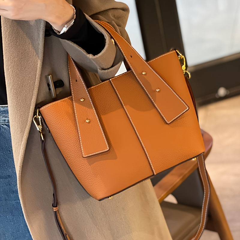 Leather Women's Handbag - Brown Tote with Detachable Shoulder Strap Bag With Zipper
