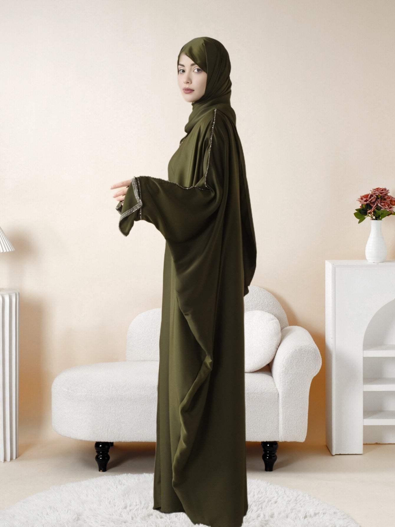 Batwing Emirati Abaya with Matching Hijab | Batwing Sleeve Abaya – Elegant Middle Eastern Arab, Islamic Style Shawl Robe Dress for Women, Long Skirt, Ramadan Prayer Outfit