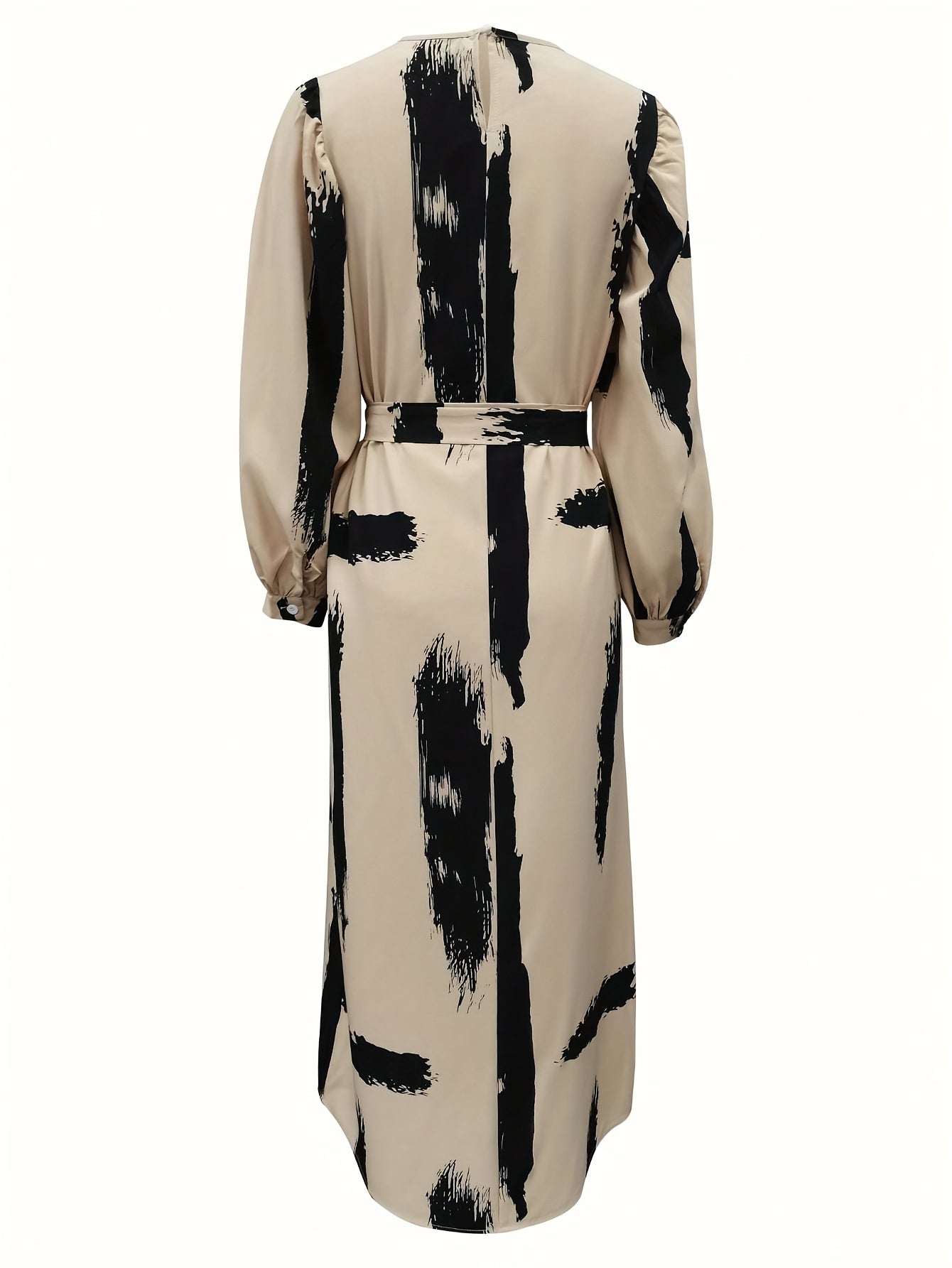 Women's Middle Eastern-Inspired Baju Abaya with Adjustable Waist Belt - Long Sleeve Full-Body Print, Machine Washable Lightweight Fabric, Beige & Black All-Season Modest Cover Dress