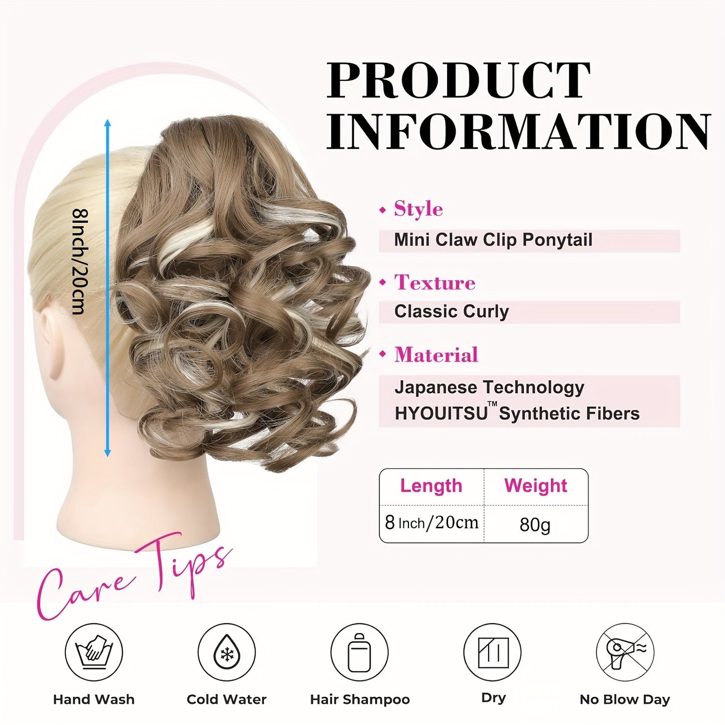 8 Inch Wavy Clip-In Ponytail | Jumbo Claw Clip Synthetic Hair Extensions for Women