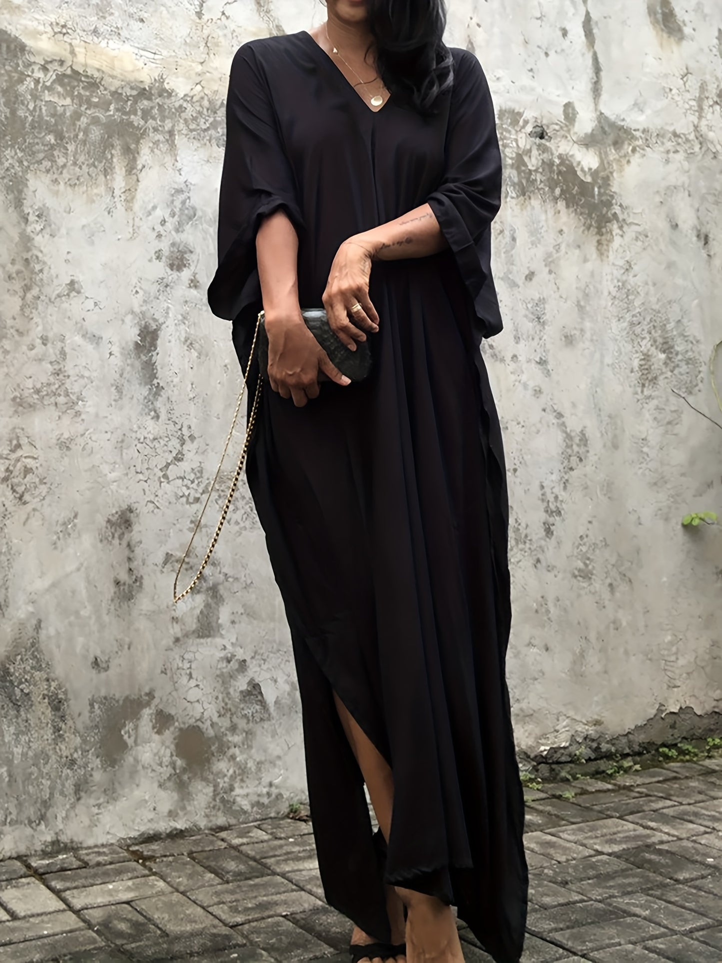 Elegant Plus Size Kaftan Abaya - Luxurious Batwing Sleeve, Flowy Loose Fit Maxi Robe for Women - Soft Rayon Blend, Non-Stretch Fabric, Perfect for Spring, Summer, and Fall Seasons