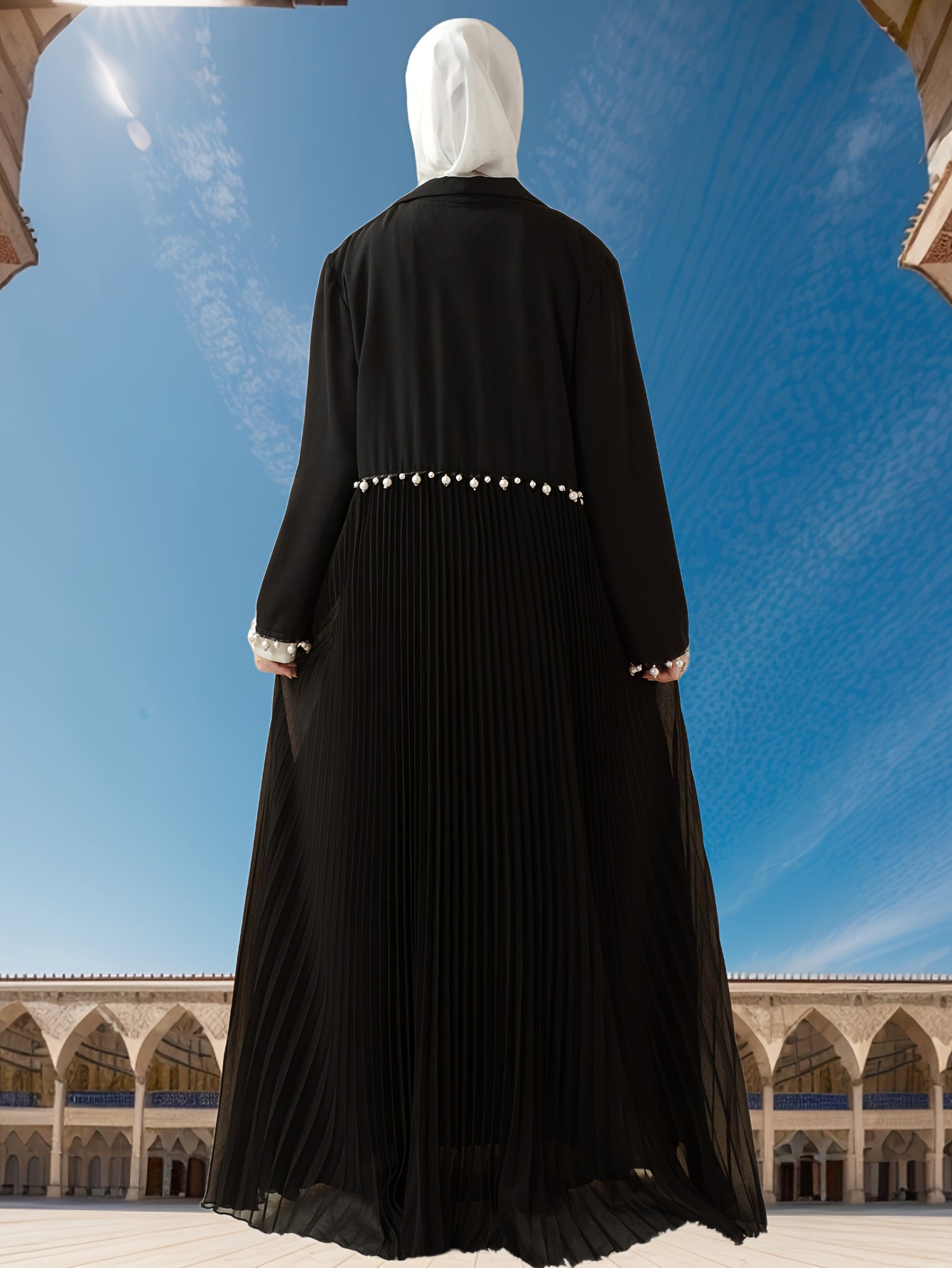 Elegant Pearl-Embellished Black Emirati Abaya with Ruched Detail - Long Sleeve, Floor-Length, Summer Wear for Women, Versatile Fashion|Ruched Abaya|Pearl Embellishments