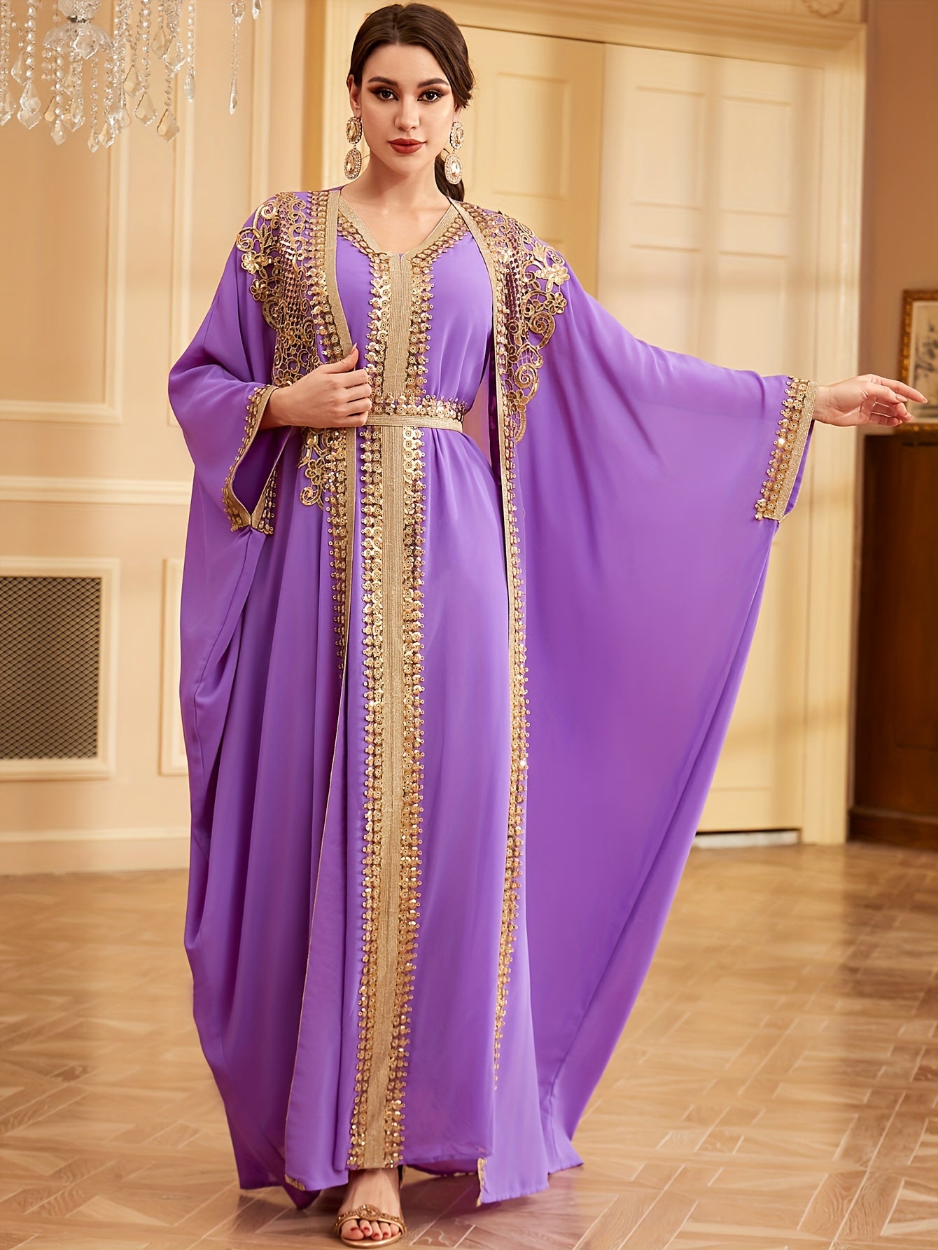Middle Eastern Muslim Lace Weft Vest Abaya Gown Dress + Cardigan Sequin Embroidery Bat Sleeve Loose Robe Jacket Two-piece Set