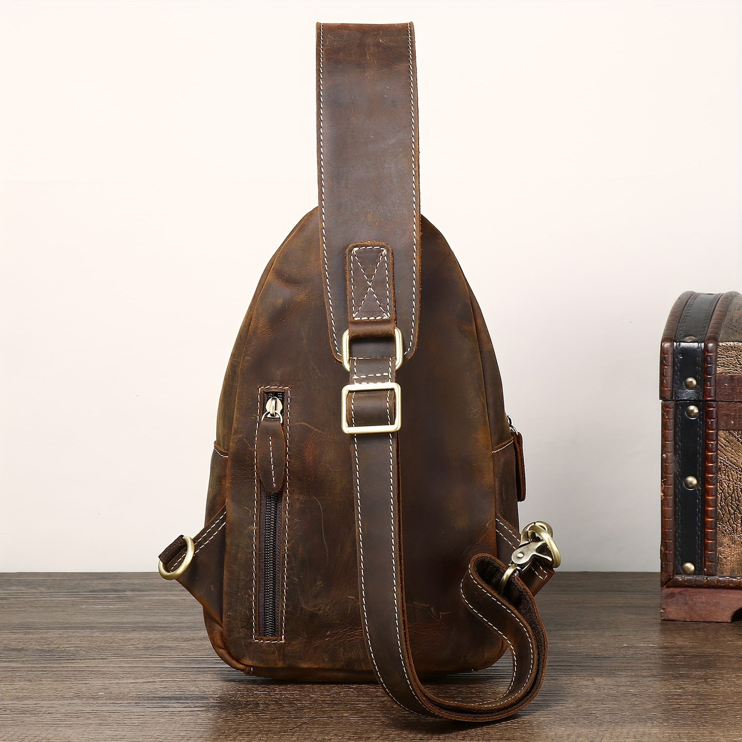 Full Grain Cowhide Leather Vintage Sling Chest Shoulder Bag Retro Hiking Crossbody Casual Daypack - Durable & Stylish - For Men & Women