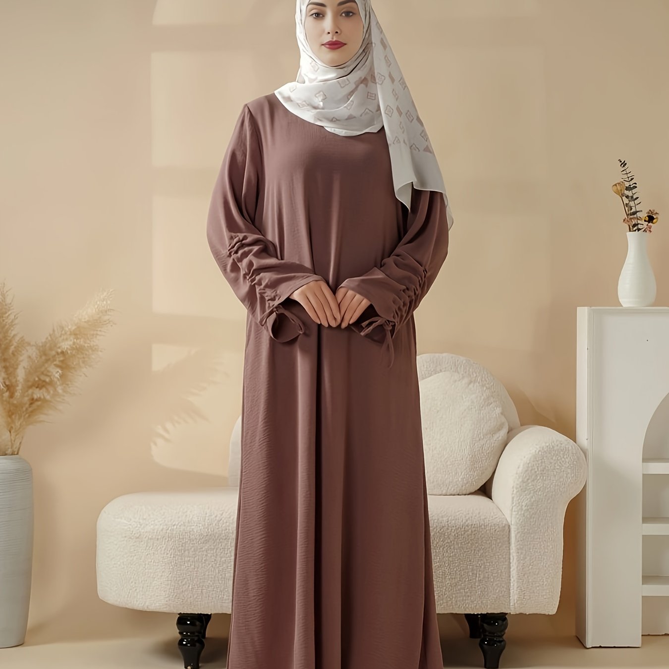 1 Luxury Satin Modest Jibab Abaya Set for Women, 4pcs Muslim Female Ramadan Prayer Dress, Long Robe, Elegant Open Breathable Abaya, Top, Pants and Matching Headscarf, Middle Eastern Arabic Malaysia Islamic Women, Eid al-Adha Gift R