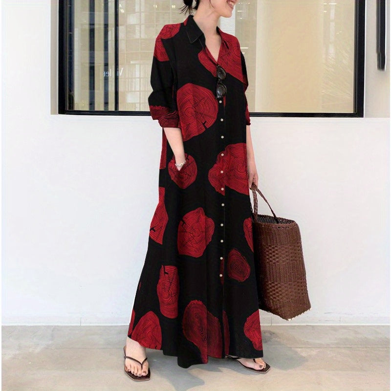 Women's Islamic Abaya Dress - Elegant Long Sleeve Muslim Jilbaab Dress with Lapel Collar, Black & Golden Floral Print, Loose Fit Modest Muslim Gown for Everyday & Special Occasions