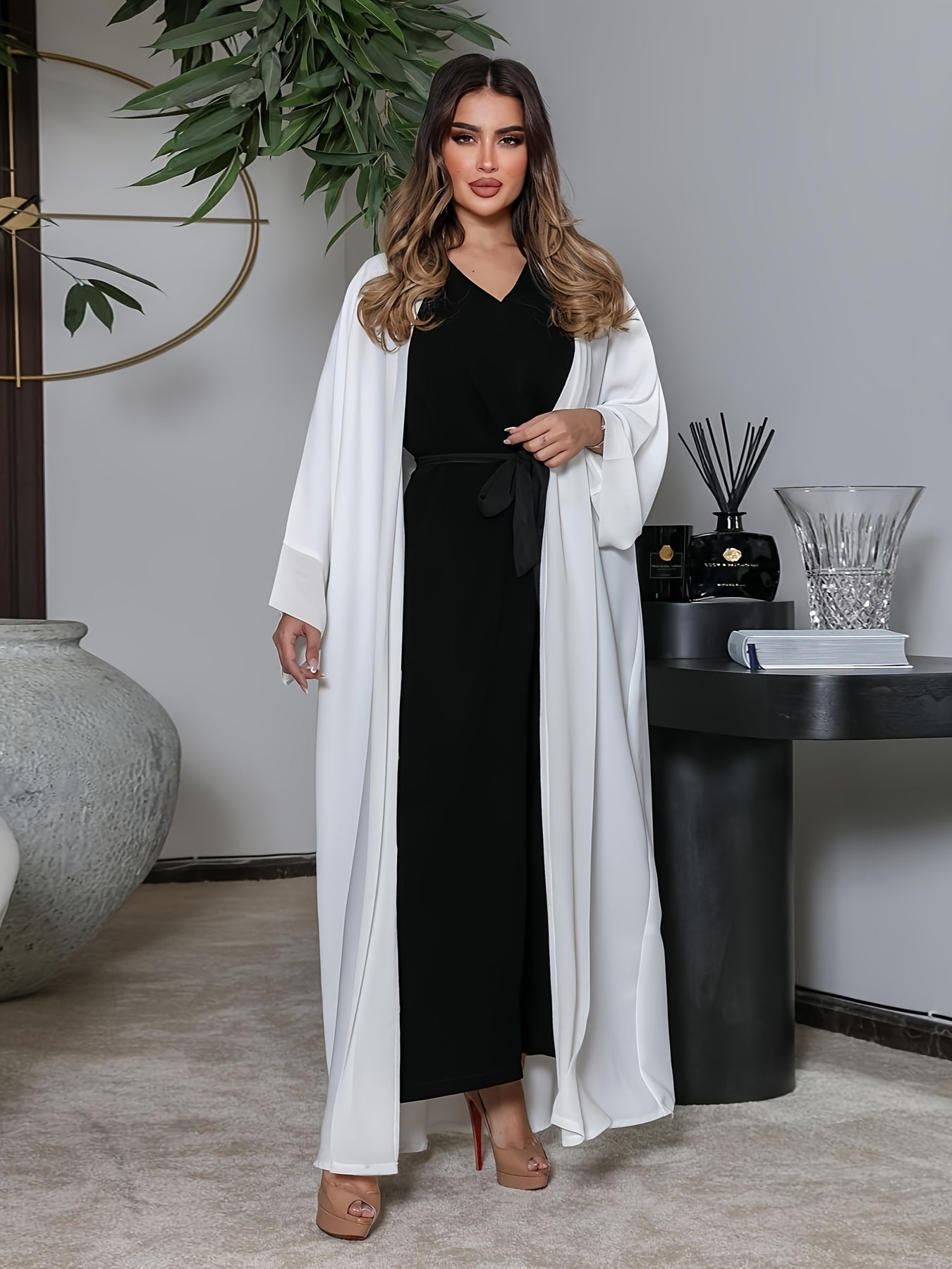 Elegant Women's Muslim Fashion Cardigan - Open Front Kimono Abaya with Traditional Abaya, Solid Color, Spring/Summer Collection for Casual or Formal Occasion