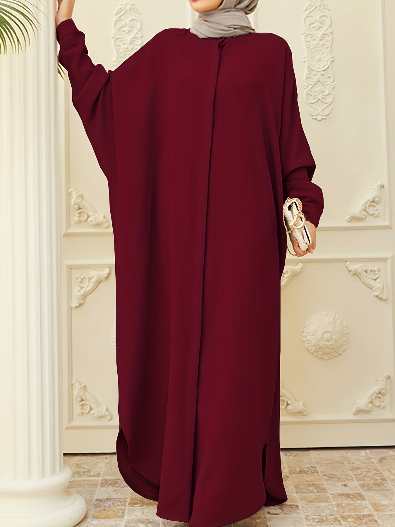 Ramadan Modest Batwing Sleeve Kaftan Abaya - Solid Black Loose Fit Maxi Dress with Slit Hem & Button Front, Non-Stretch Fabric for Women, All-Season Versatile Abaya