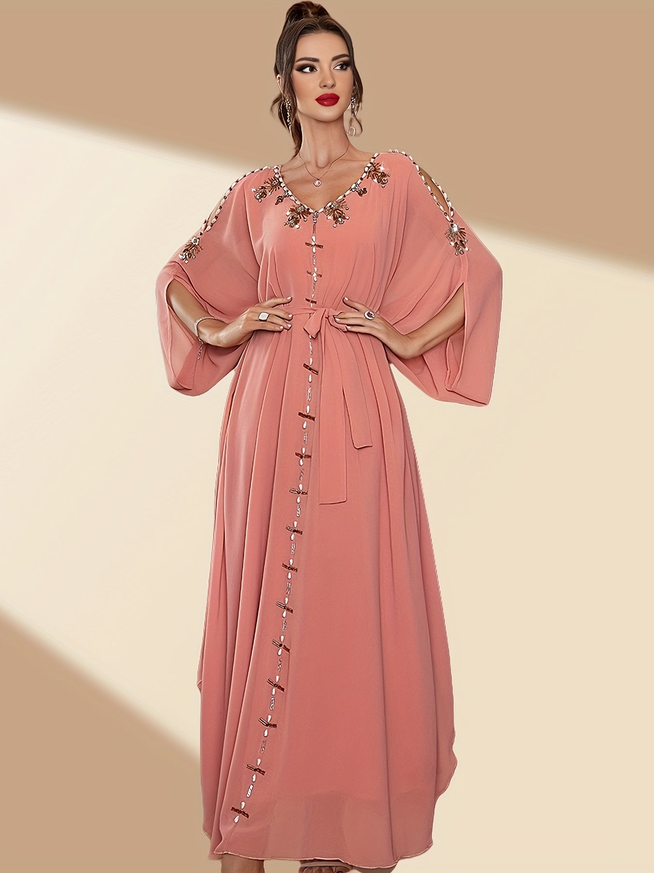 1pc Elegant Off-Shoulder Maxi Modern Abaya with Handcrafted Pearl Embellishments, Solid Color Polyester, All-Season Woven Gown with Large Flounce Sleeves