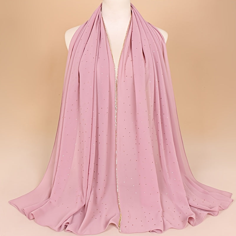 1pc Lightweight Breathable Chiffon Scarf with Sparkling Rhinestone Trim