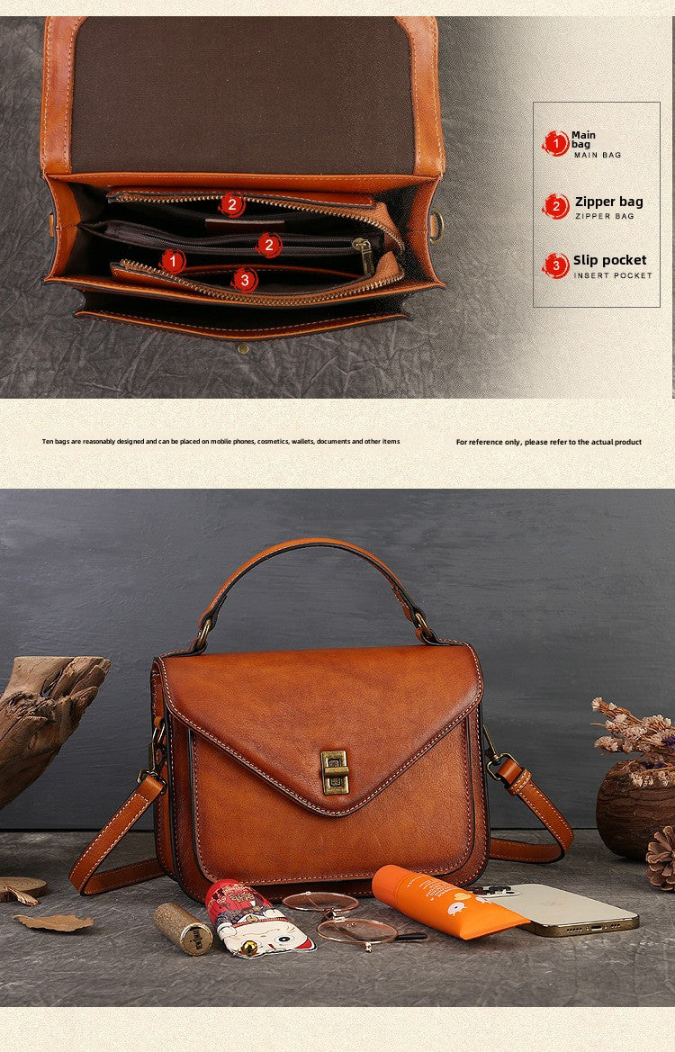 Women's Genuine Leather Retro Messenger Bag - Adjustable Crossbody & Shoulder Strap, Snap Closure, Durable Oil-Edged Trim