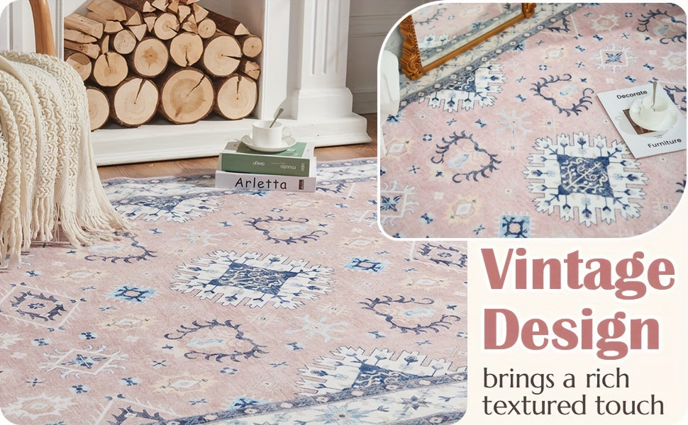 Boho-Chic Vintage Floral Area Rug - Non-Slip, Machine Washable Arabian Carpet, Low-Pile TPR & Polyester Blend, Perfect for Kitchen, Living Room, Bedroom, Dining Room