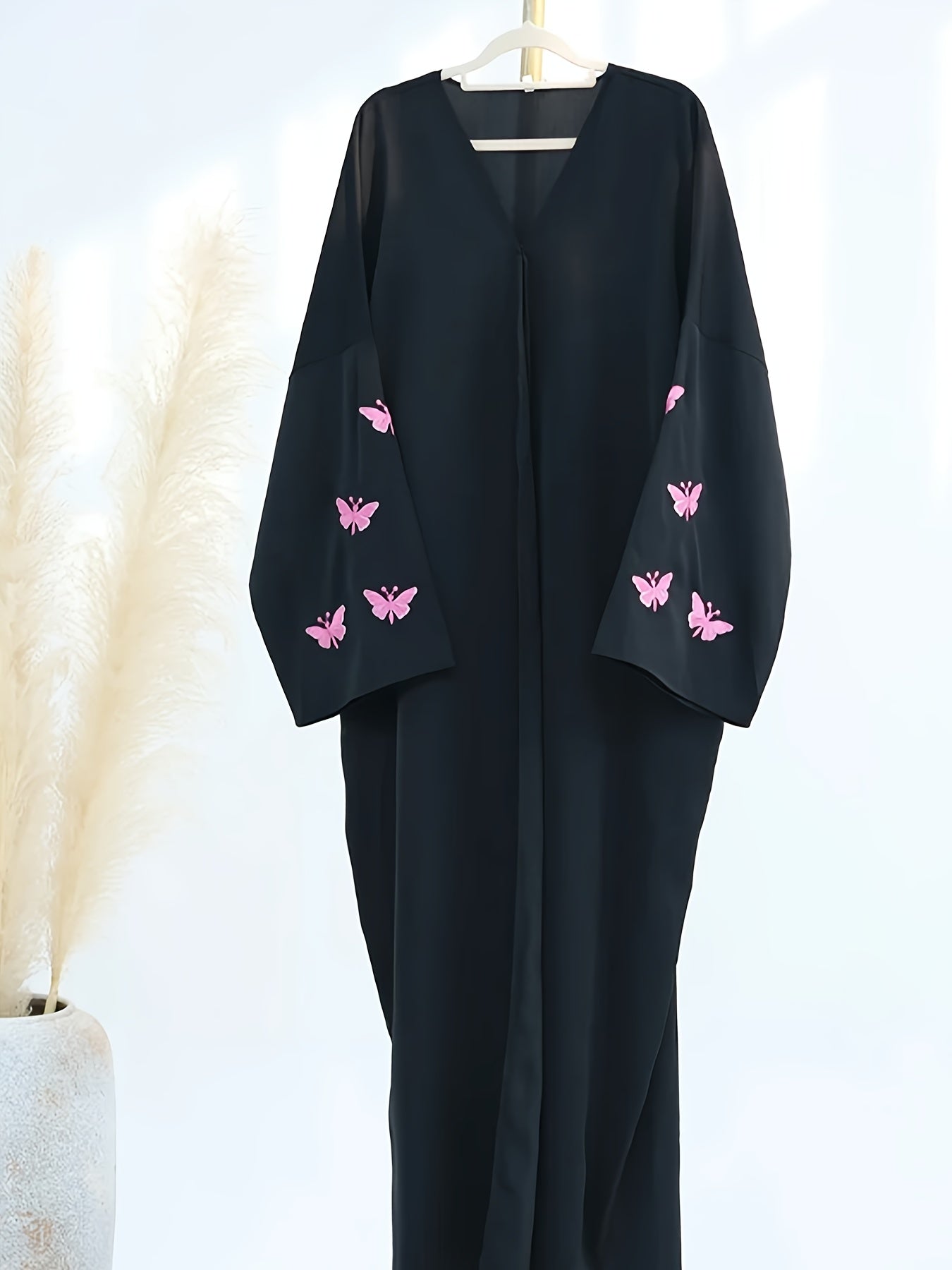 Oriental Women's Elegant Solid Color Embroidered Butterfly Batwing Sleeve Abaya, Saudi Dubai Loose Fit Black Satin Open Front Bathrobe, Casual Long Robe Dress 1pc Outerwear for Daily Wear and Festivals