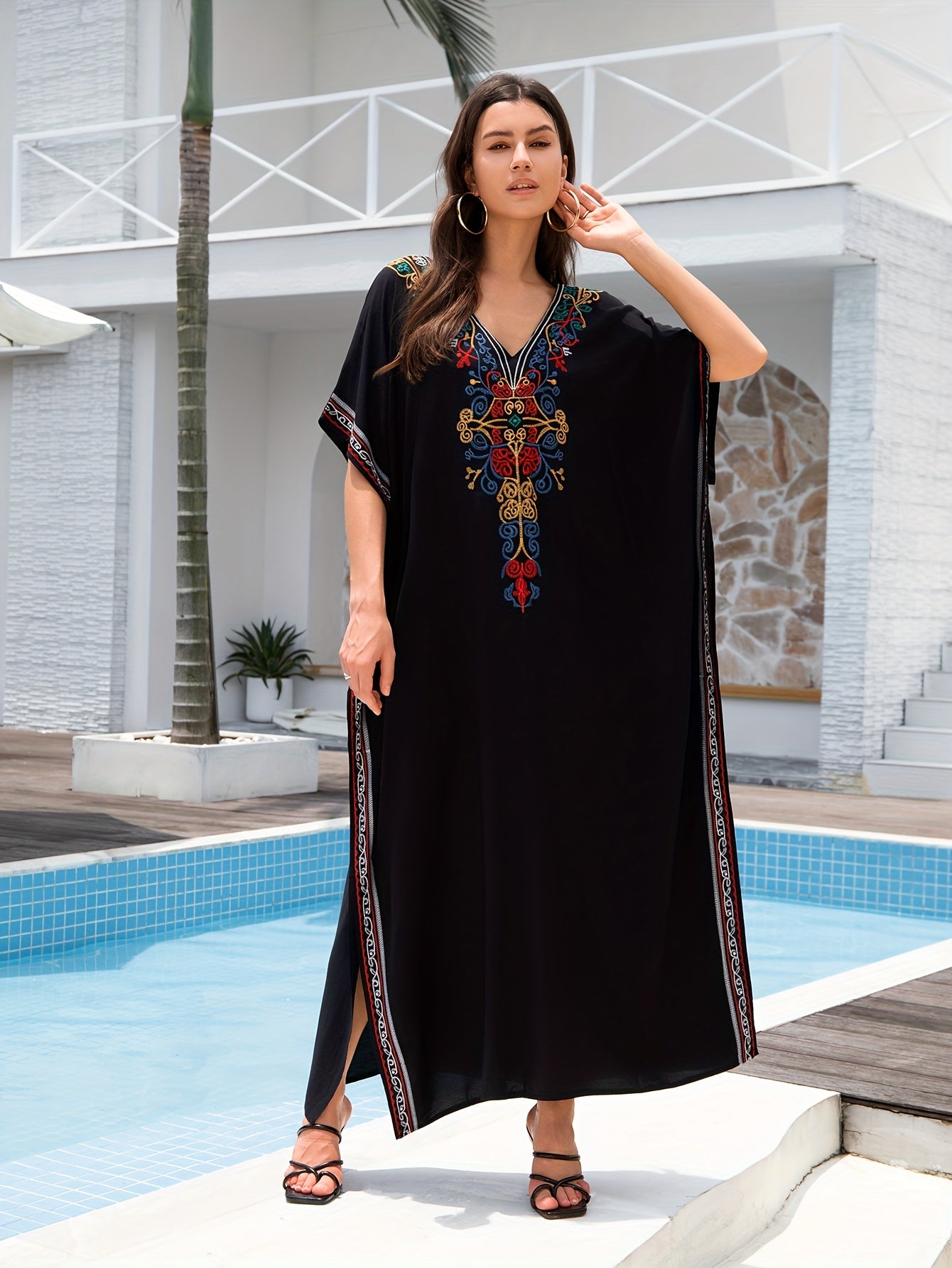 Women's Embroidery Swimsuit Cover Ups Beach Cover Up Kaftan Plus Size V Neck Ethnic Style Batwing Sleeve Kaftan Dress - For Women - Suitable for Beach, Pool, Vacation - Perfect Gift for Summer