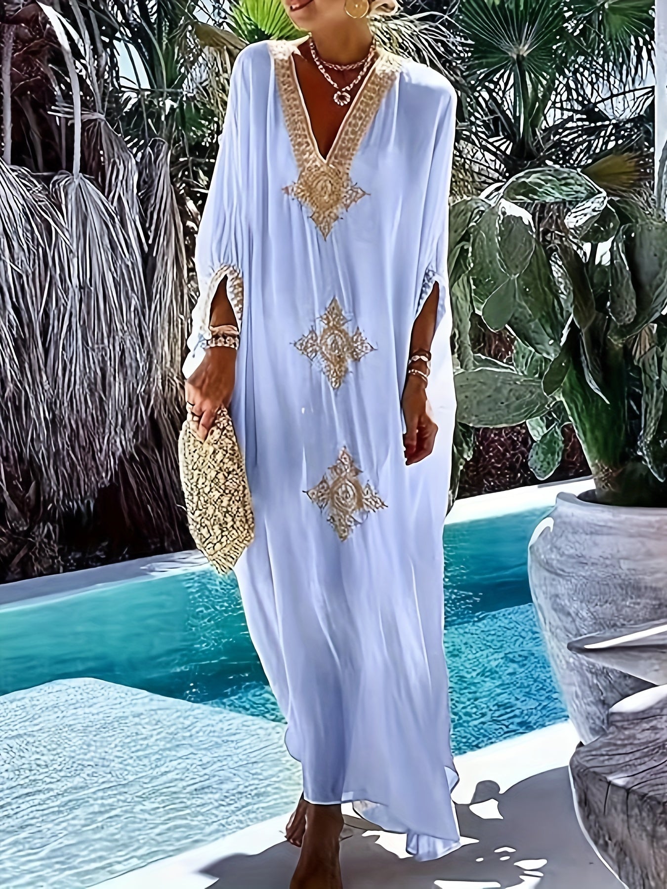 Gold Embroidery Long Kaftan Dresses V Neck Caftan Dress Beach Cover Ups
