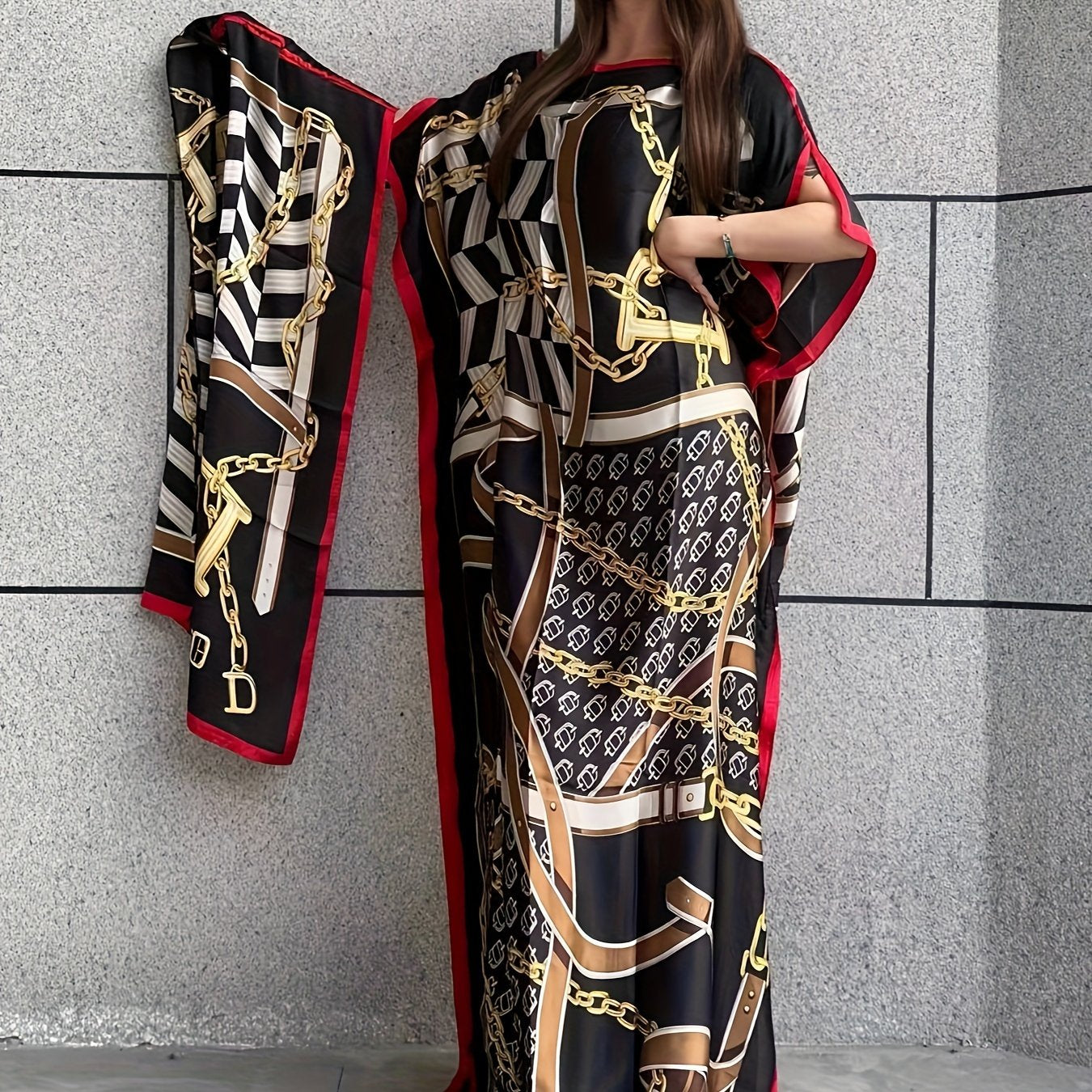 Chain Print Boat Neck Modest Dress, Elegant Batwing Sleeve Loose Maxi Dress With kaftan Abaya, Women's Clothing