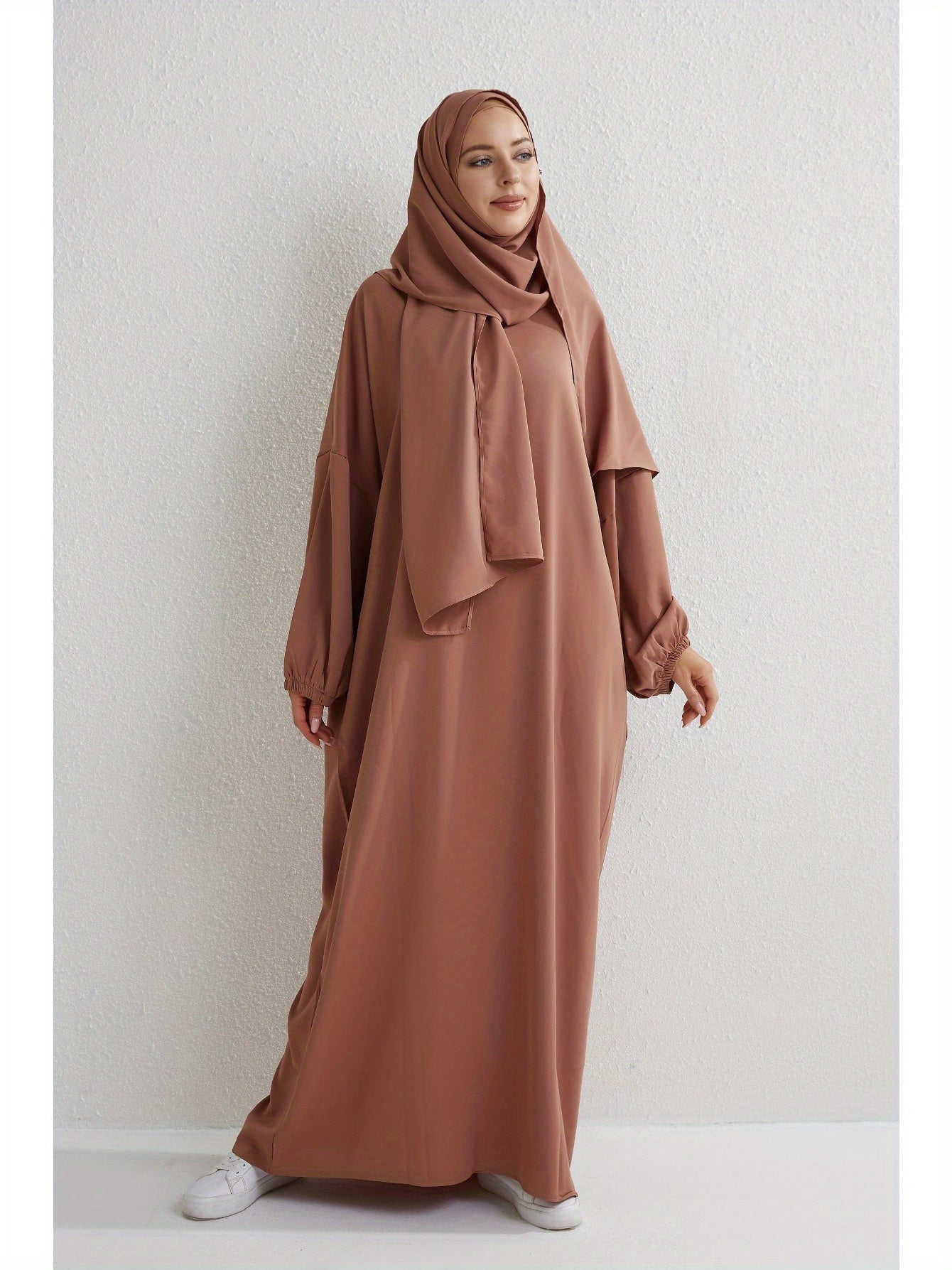 Elegant Islamic Hijab Dress for Women - Kaftan Style with Headscarf, Modest Middle Eastern Long Skirt Jibab Abaya, Loose Fit H-Silhouette, Long Sleeve Asymmetrical Hem, Solid Color Beige, Machine Washable for Ramadan Prayer & All Occasio