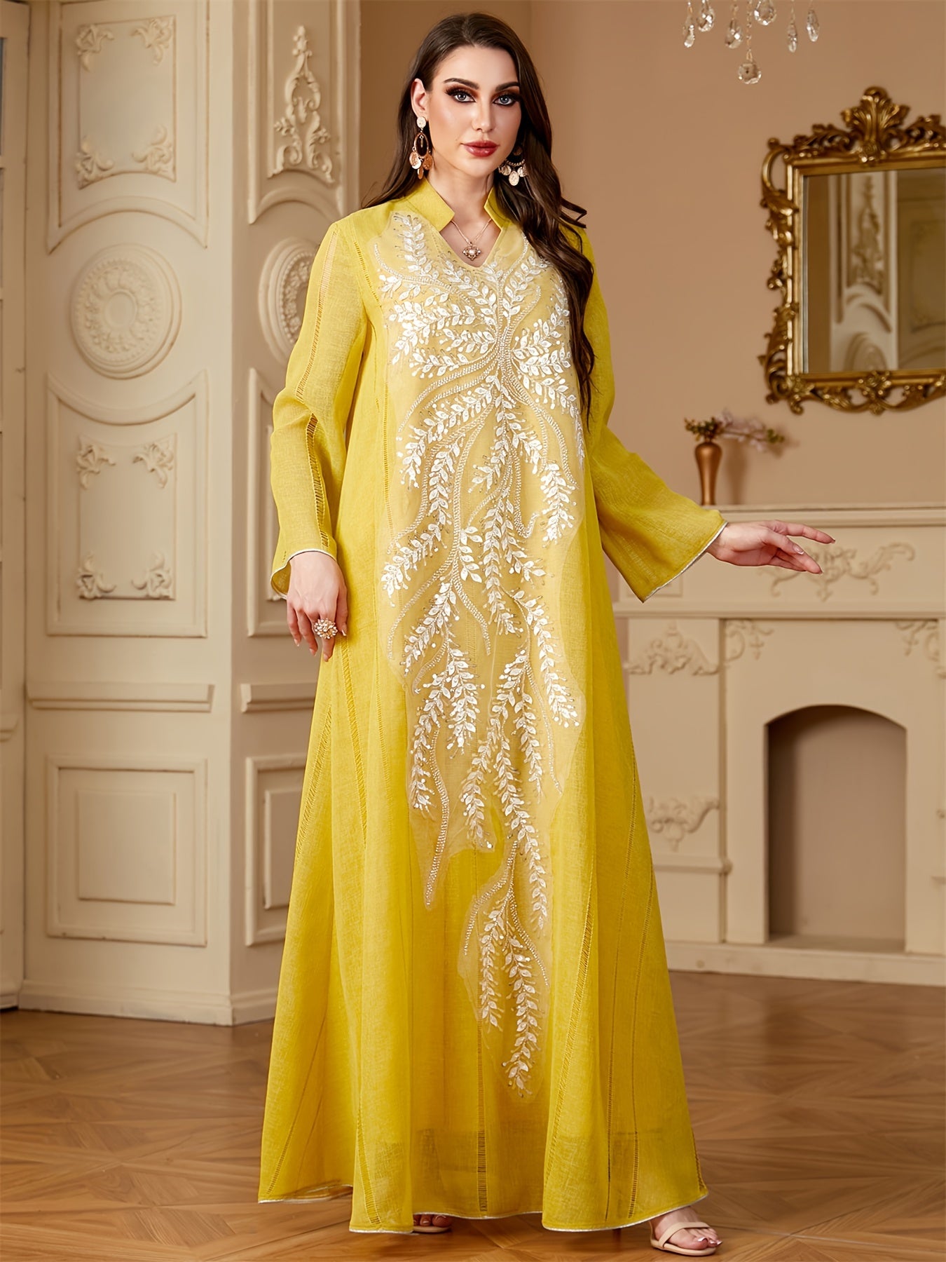 Ramadan Muslim Women's Fashion Beading Emirati Abaya Dubai Notched Stand Collar Dresses Mesh Sleeve Kebaya Casual Loose Clothing