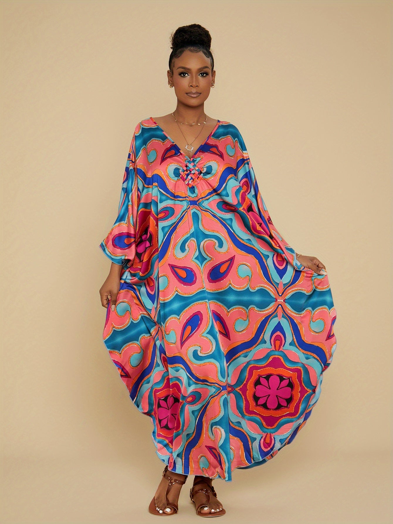 Kaftan Dresses for Women Colorful Stripe Print Crew Neck Beach Cover up Kaftan Robe Casual Home Vacation Bat Sleeve Large Size Swimwear Cover Up Side Split Dress Long Kaftan