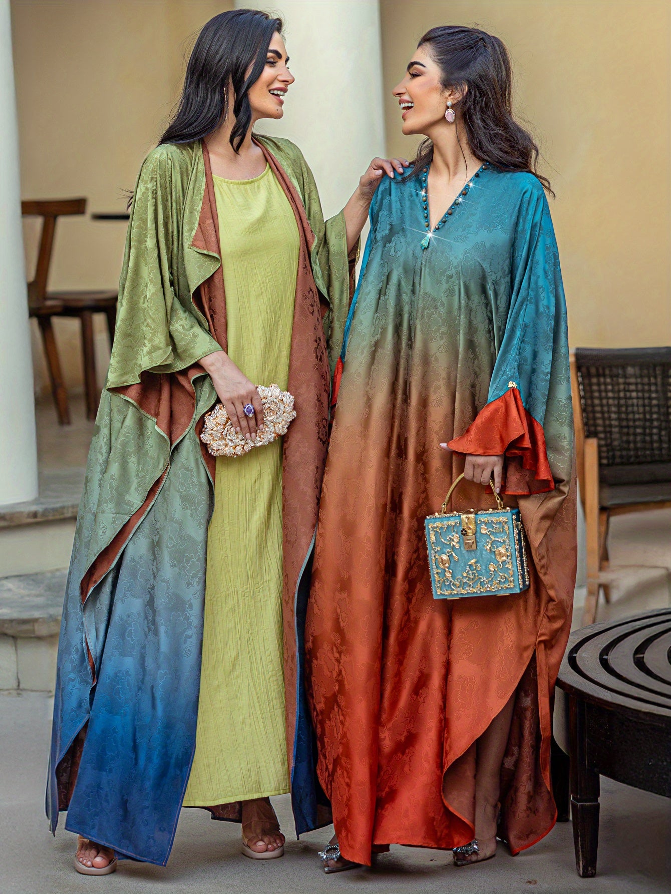 Elegant Gradient Abaya Dress with Butterfly Sleeves & Rhinestone Embellishments - Long Length, Solid Color, Regular Fit for All Seasons, Versatile Fashion | Gradient Abaya | Nonstretch Fabric