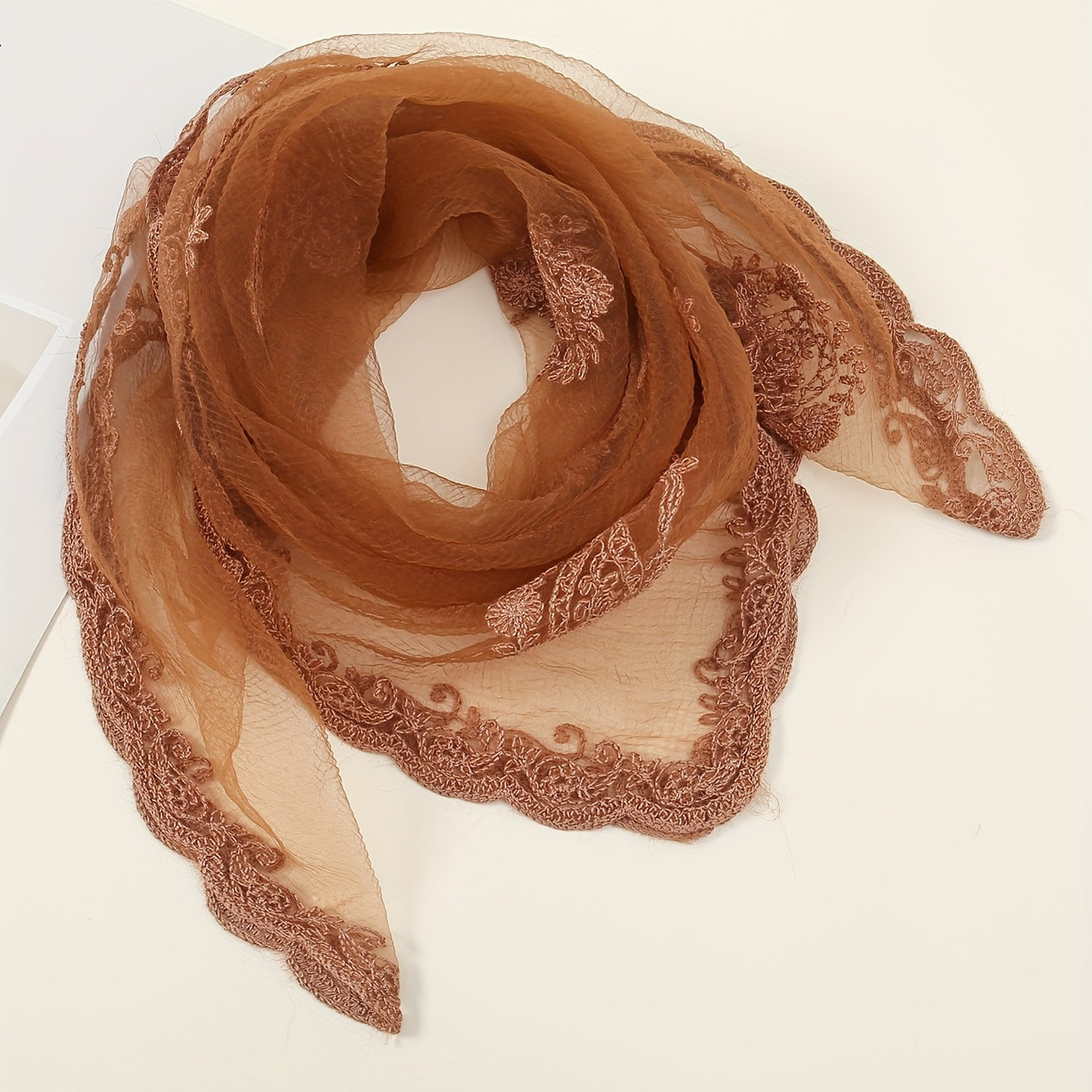 Thin Gauze Paisley Embroidery Elegant Square Scarf | Casual Rusty Brown Head Wrap