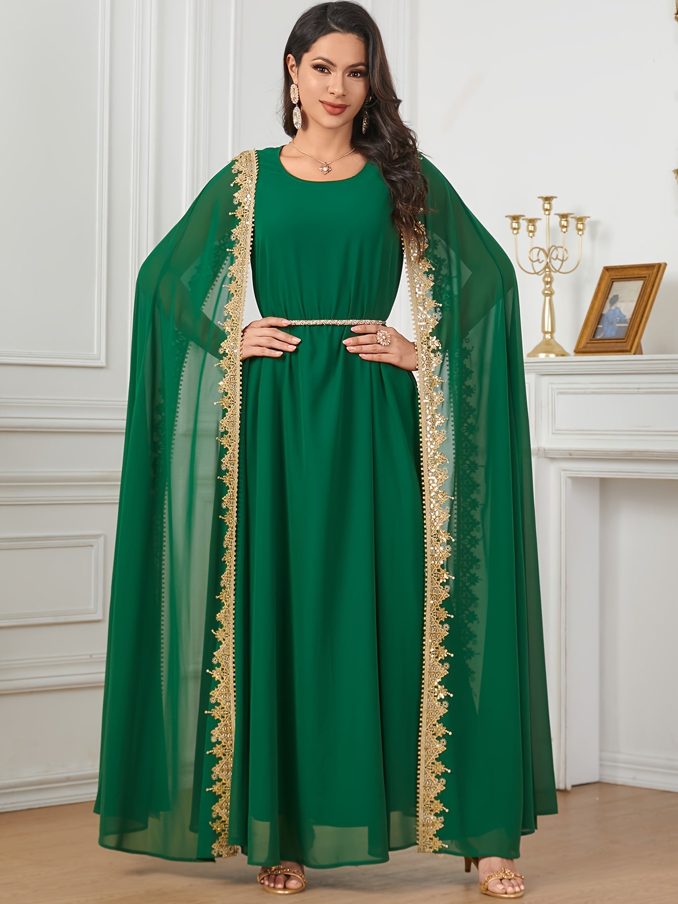 Middle Eastern-Inspired Emerald Green Sequin-Trimmed Lace Embroidery Robe Modern Abaya - Long Sleeve A-Line Gown with Golden Accents, Machine Washable Formal & Casual Wear