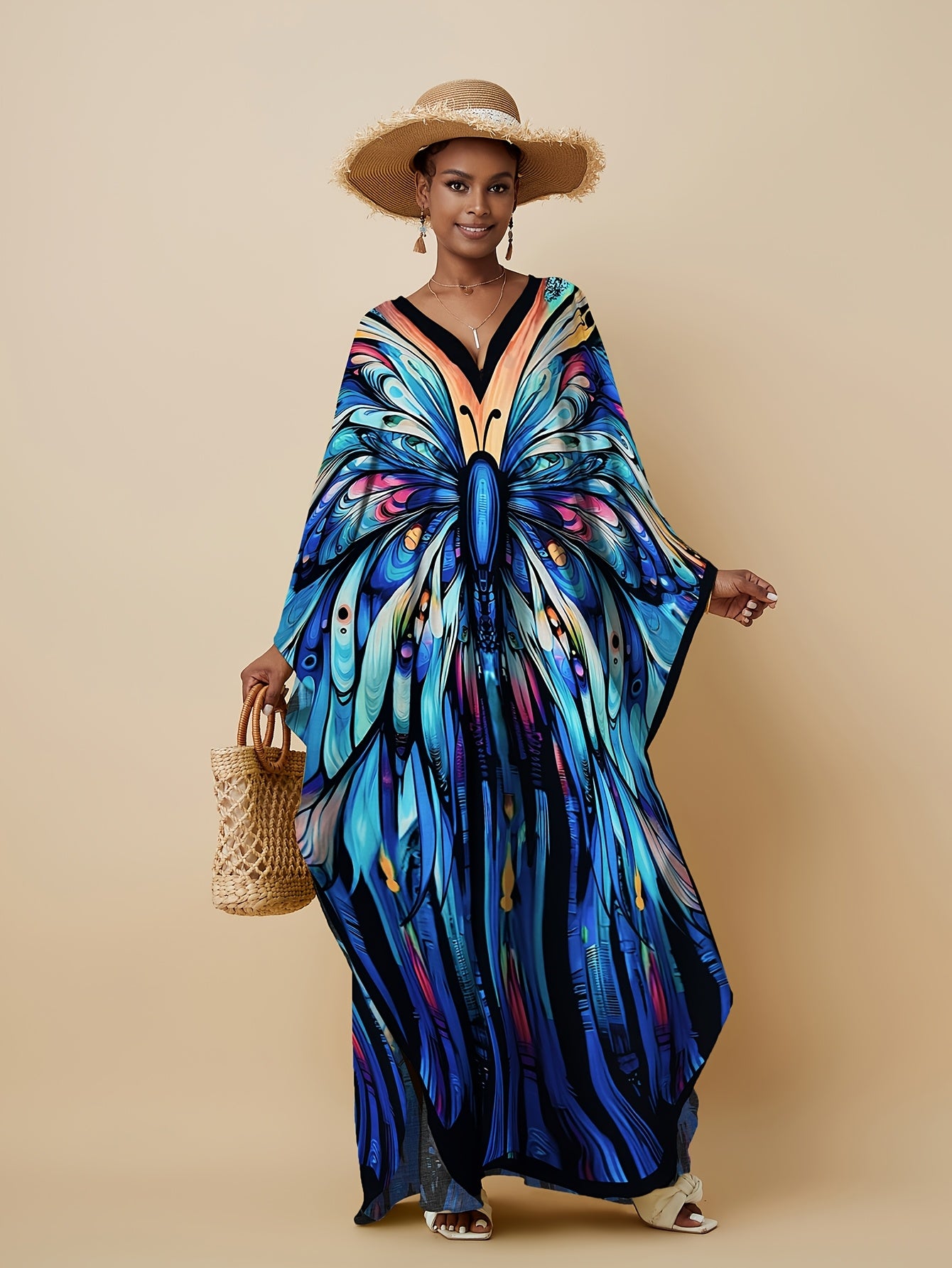 Kaftan Dresses For Women Bohemian Printed V-neck Beach Coverup Batwing Sleeves Kaftan Robe Casual Home Vacation Swimwear Coverup Ethnic Style Dress