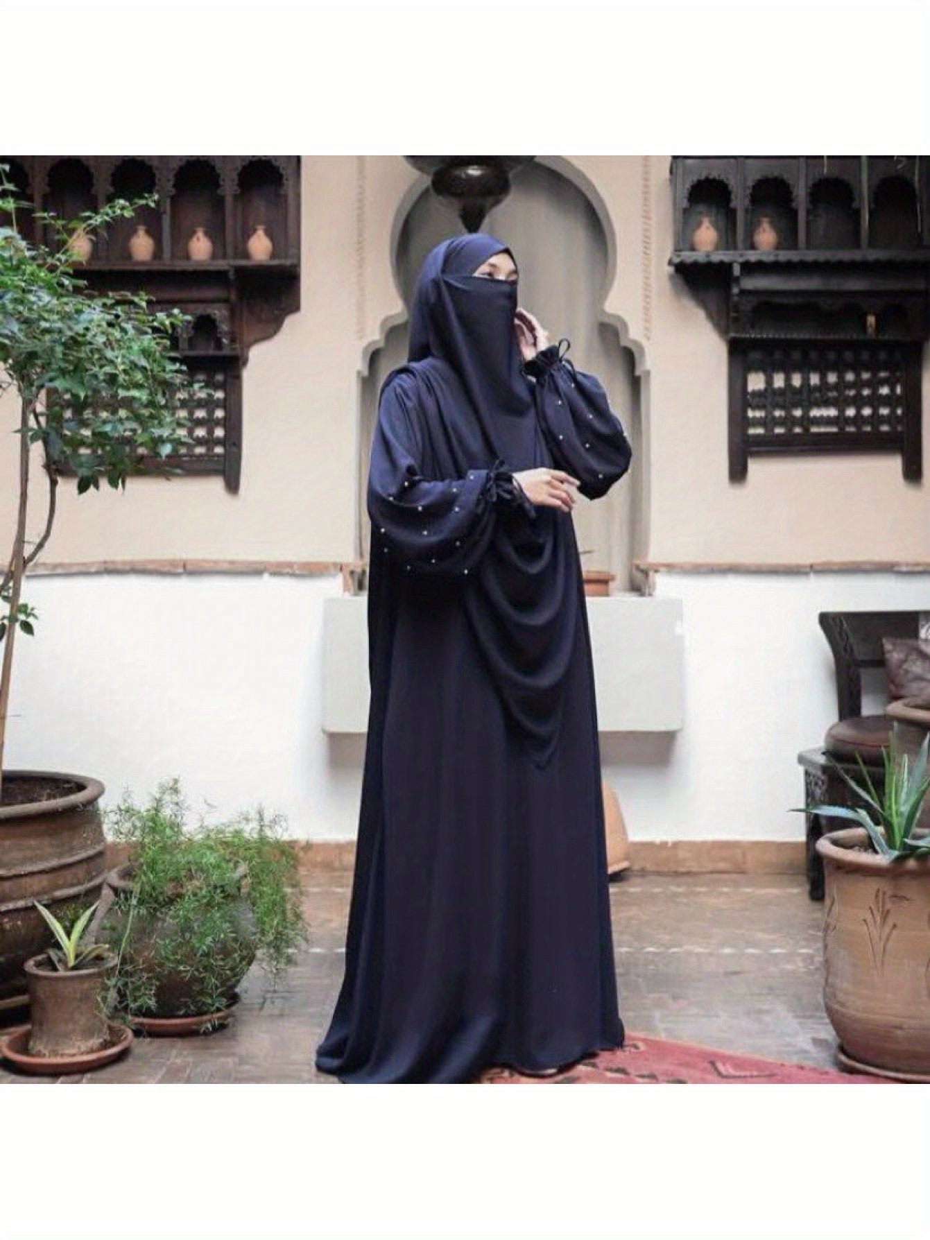 New Cross-Border Middle East Solid Color Women's Robe Pearl Sleeves Jilbaab Dress Abaya Two-Piece Set Long Headscarf P555