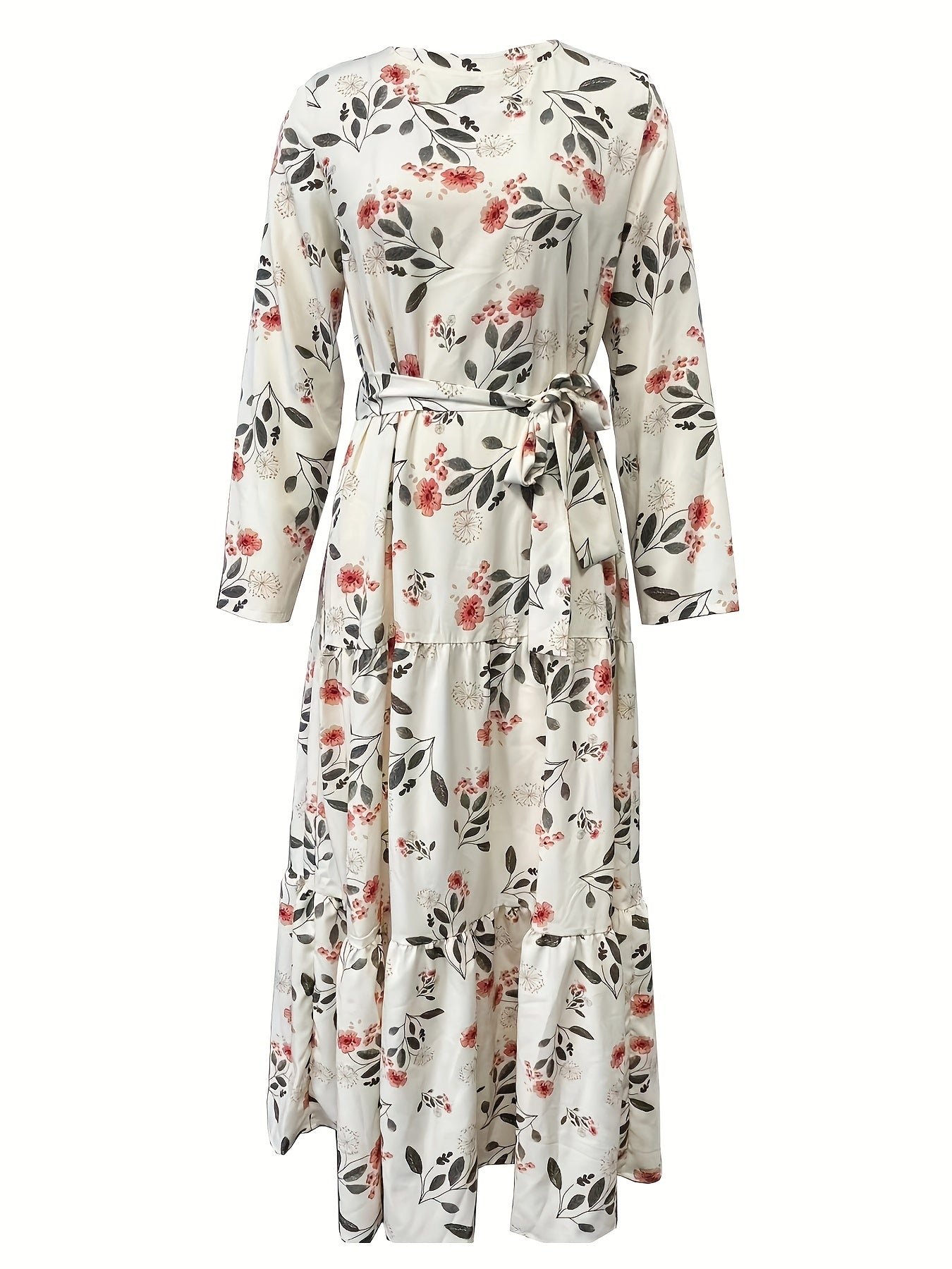 New Women's Elegant Middle Eastern Kaftan Abaya - Black Floral Print with Red Flowers, Long Sleeve Lace-Up Modest Dress, Machine Washable for Spring Summer Fall, Abaya Dress Fancy