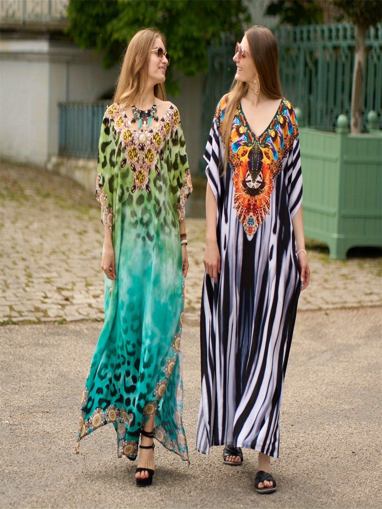 Women's Rayon Bohemian Beach Cover-Up Dress - Loose Fit Batwing Sleeve Turkish Kaftan with Striped Print, Round Neck Long Dress for Poolside, Vacation & Home Wear, Spring Summer Fall, Summer Cover Clothing