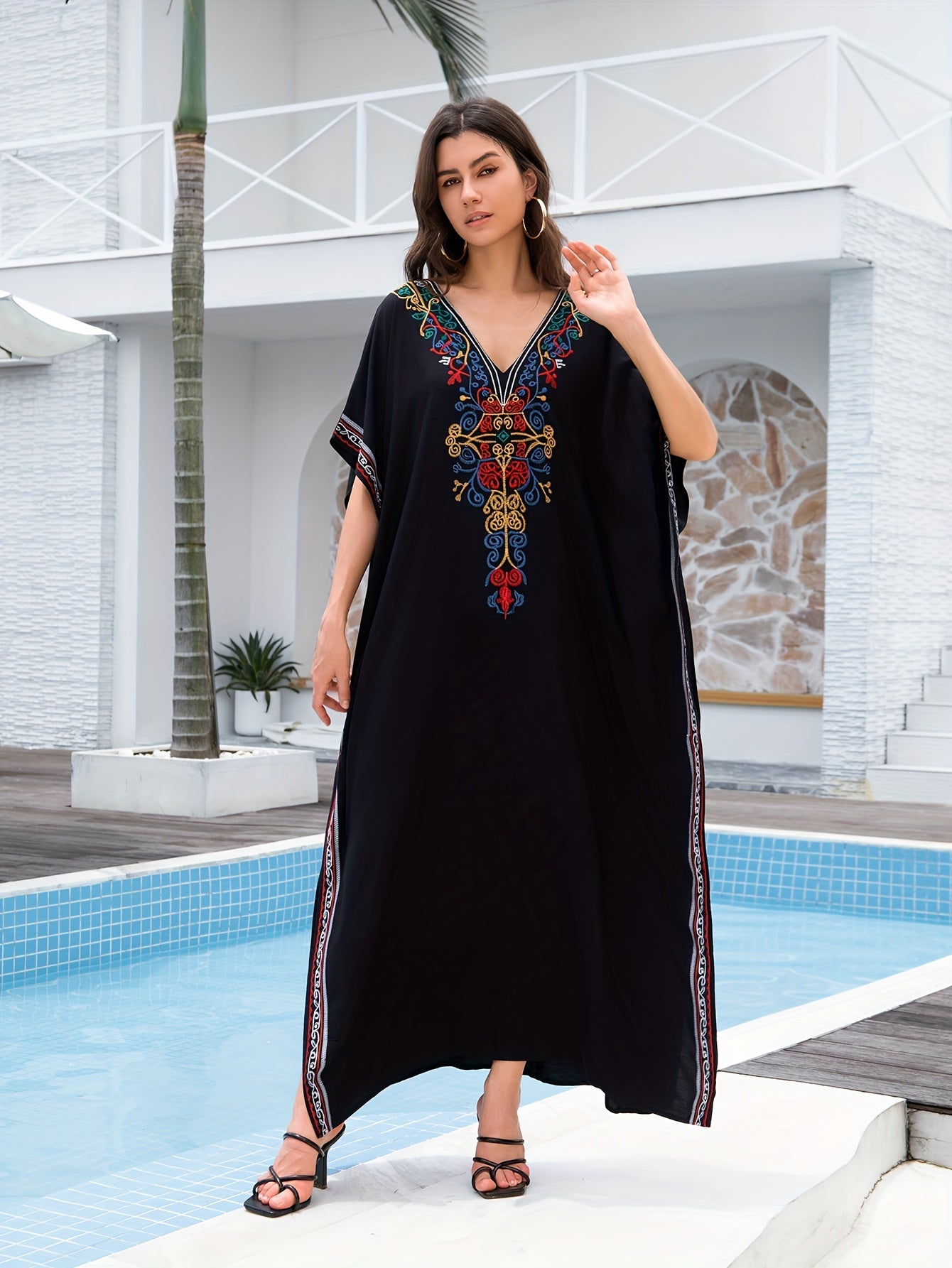 Women's Embroidery Swimsuit Cover Ups Beach Cover Up Kaftan Plus Size V Neck Ethnic Style Batwing Sleeve Kaftan Dress - For Women - Suitable for Beach, Pool, Vacation - Perfect Gift for Summer