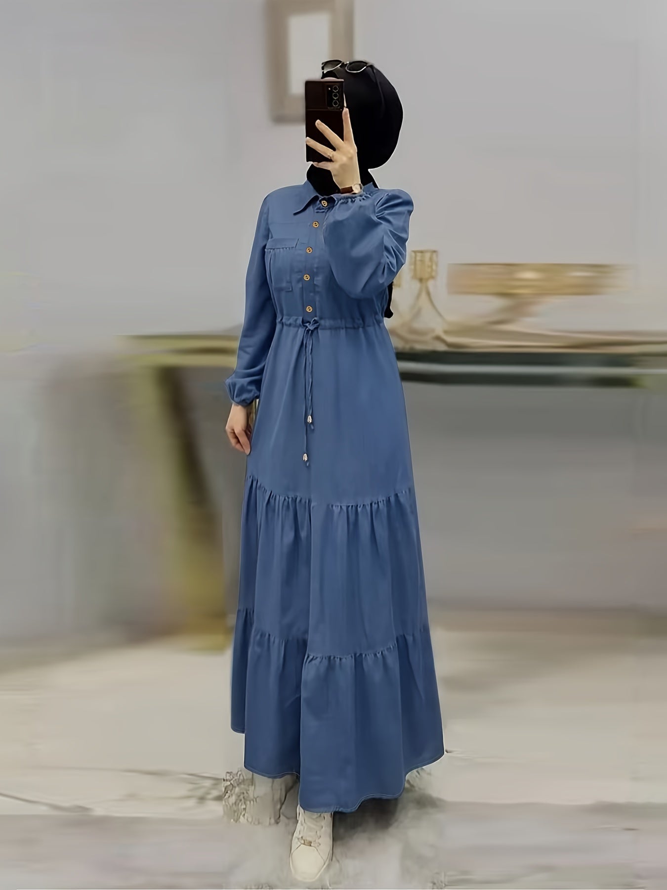 Blue Elegant Women's Baju Abaya | Middle Eastern-Inspired, Adjustable Waist Tie, Golden Buttons, Long Sleeve, Ruffled Hem, Machine Washable, All-Season Traditional Casual Wear