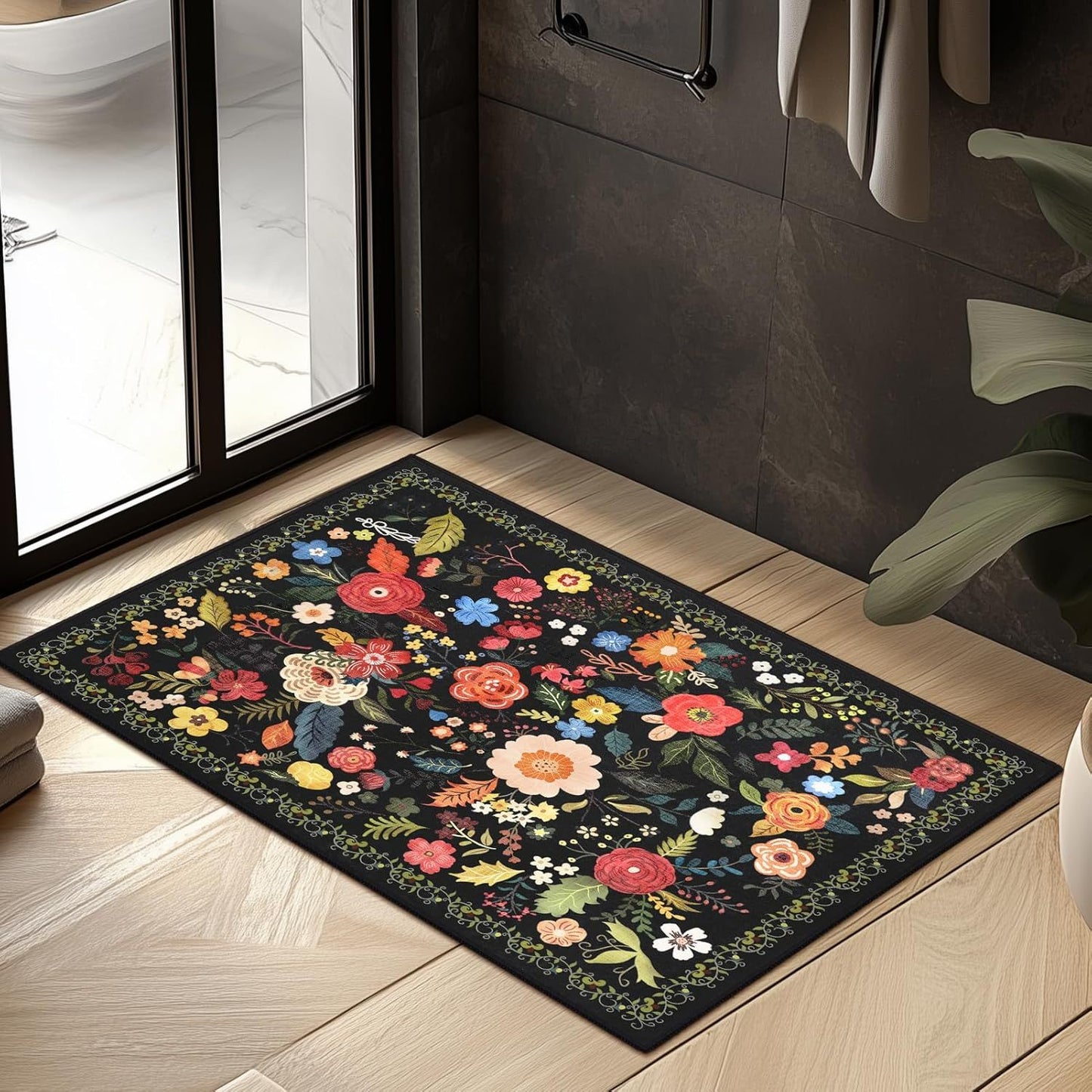 Boho Floral Rugs Door Mat, Living Room and Bedroom Decoration Mat - Home Decoration -Anti-Slip, Washable Entrance Mat with Rubber Backing, Durable Polyester, Ideal for Living Room, Bathroom, Kitchen, Laundry